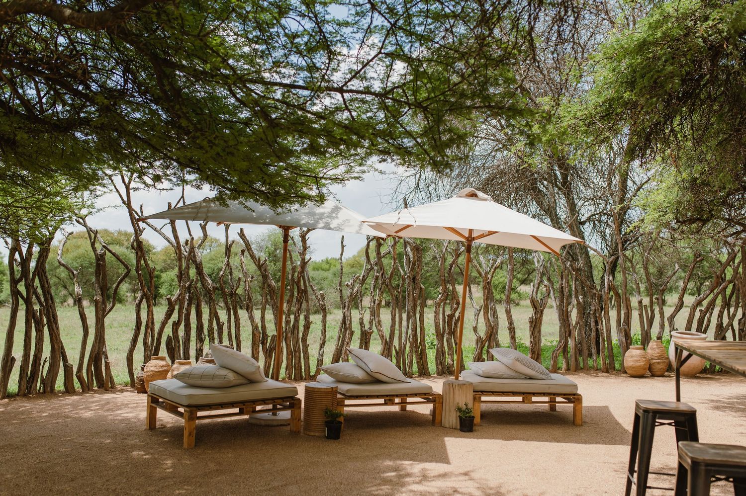 Three wooden lounge chairs with cushions arranged under umbrella shade in a natural setting.