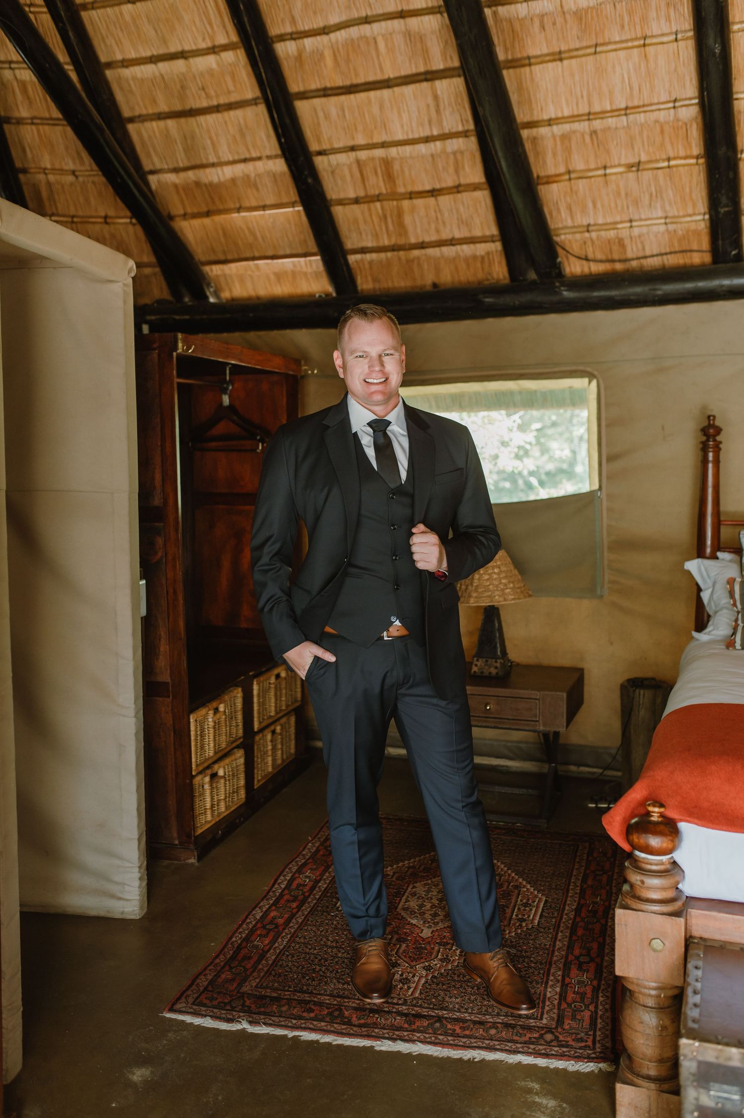 Series of formal preparation photos taken in a traditional thatched-roof room.