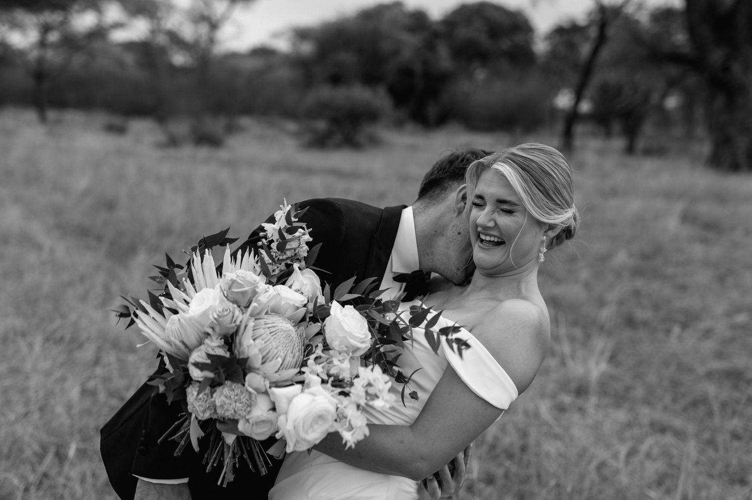 A romantic wedding photo sequence shows a couple sharing playful moments in a rustic outdoor field.