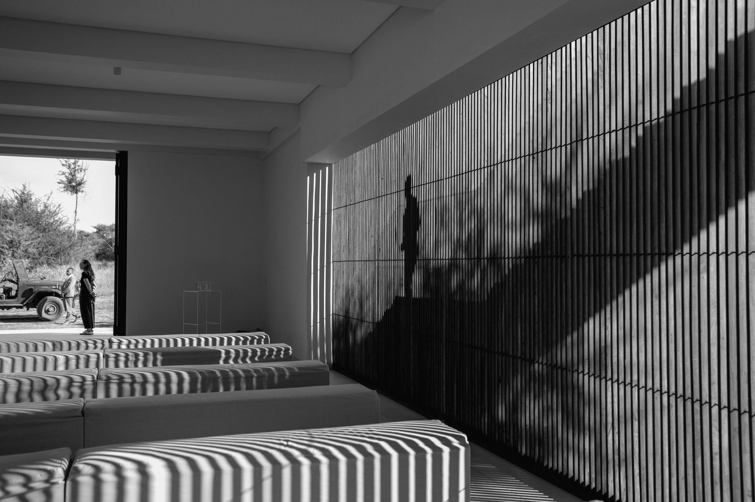 Modern interior space with dramatic shadows cast by vertical slats and minimalist architectural details.