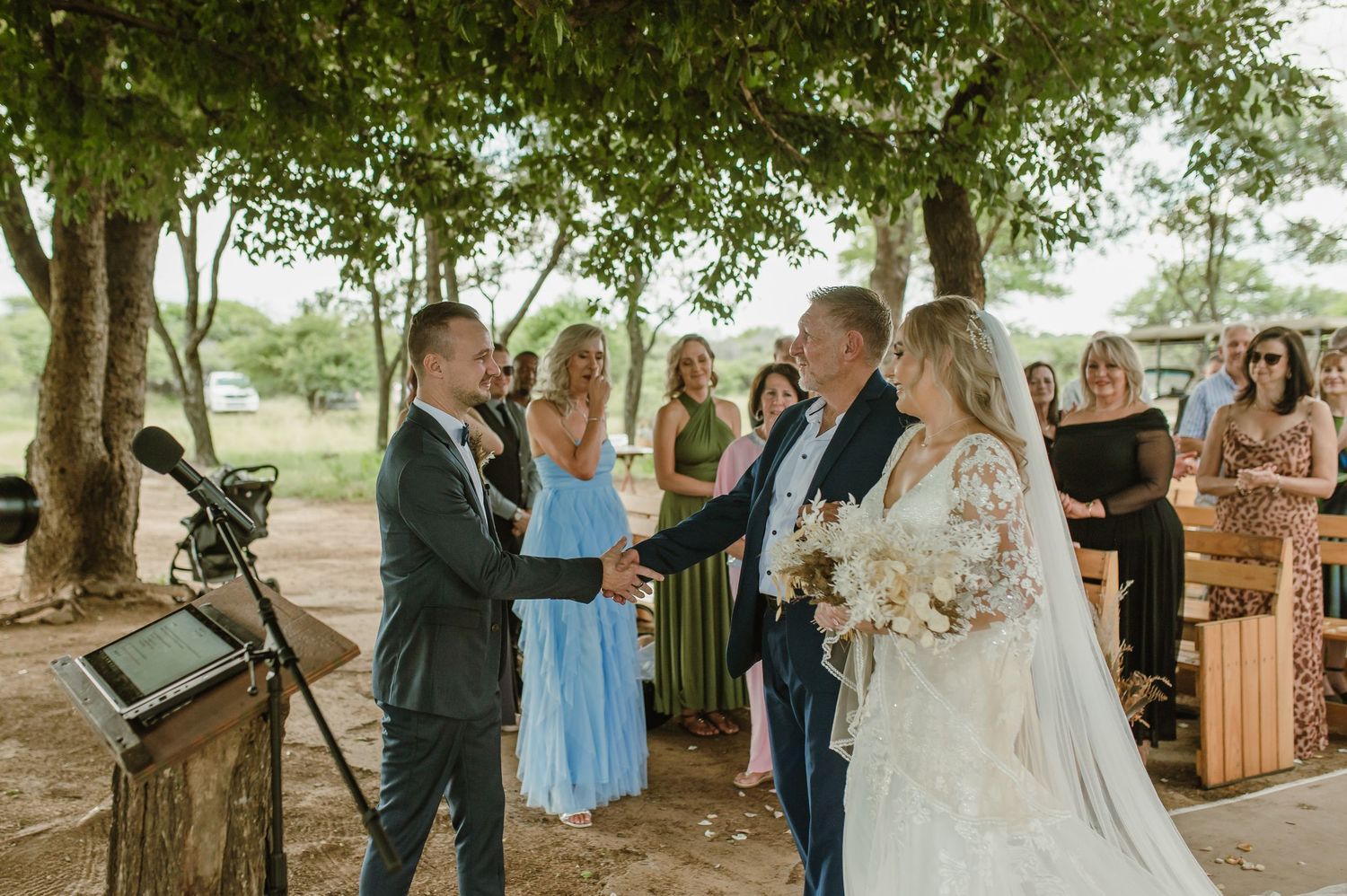 Outdoor wedding ceremony taking place under large trees with wooden pew seating.