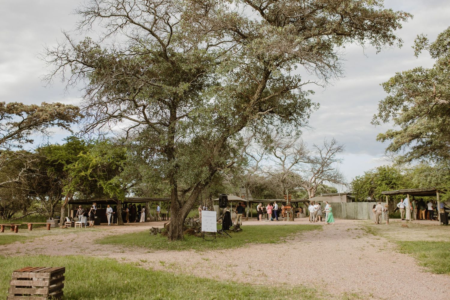 A rustic outdoor wedding venue with scattered trees and dirt paths.