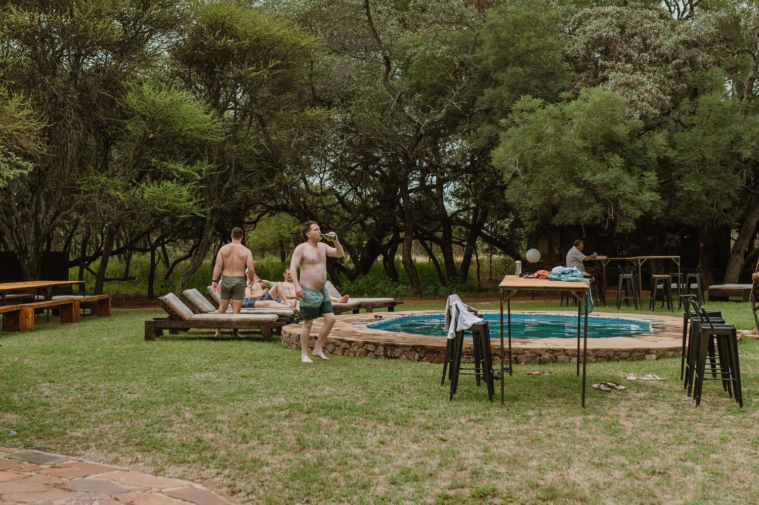 A series of outdoor pool and garden scenes showing lounge chairs, trees, and people relaxing in a tranquil setting.