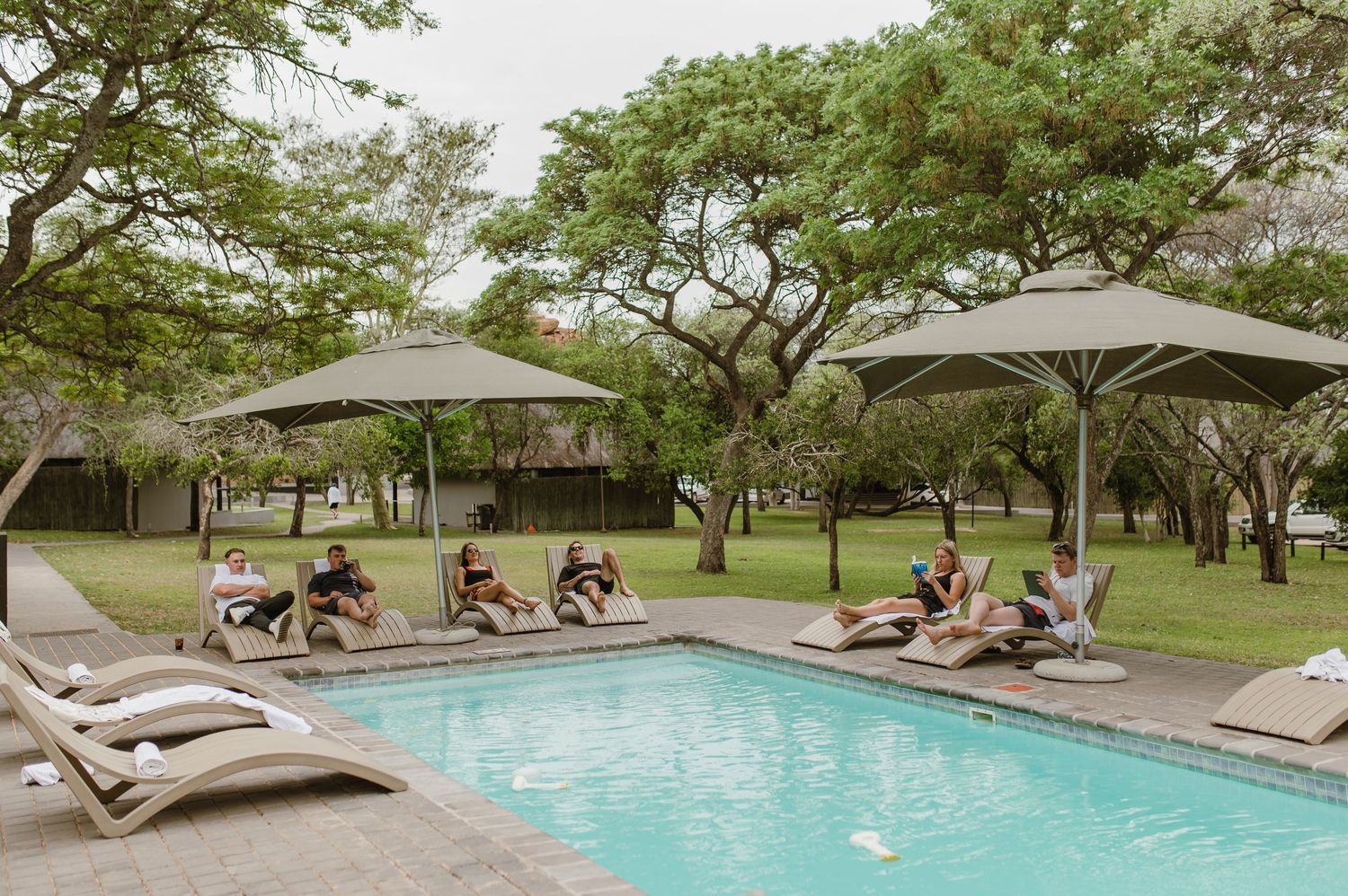 Modern swimming pool with loungers and umbrellas surrounded by natural landscape.