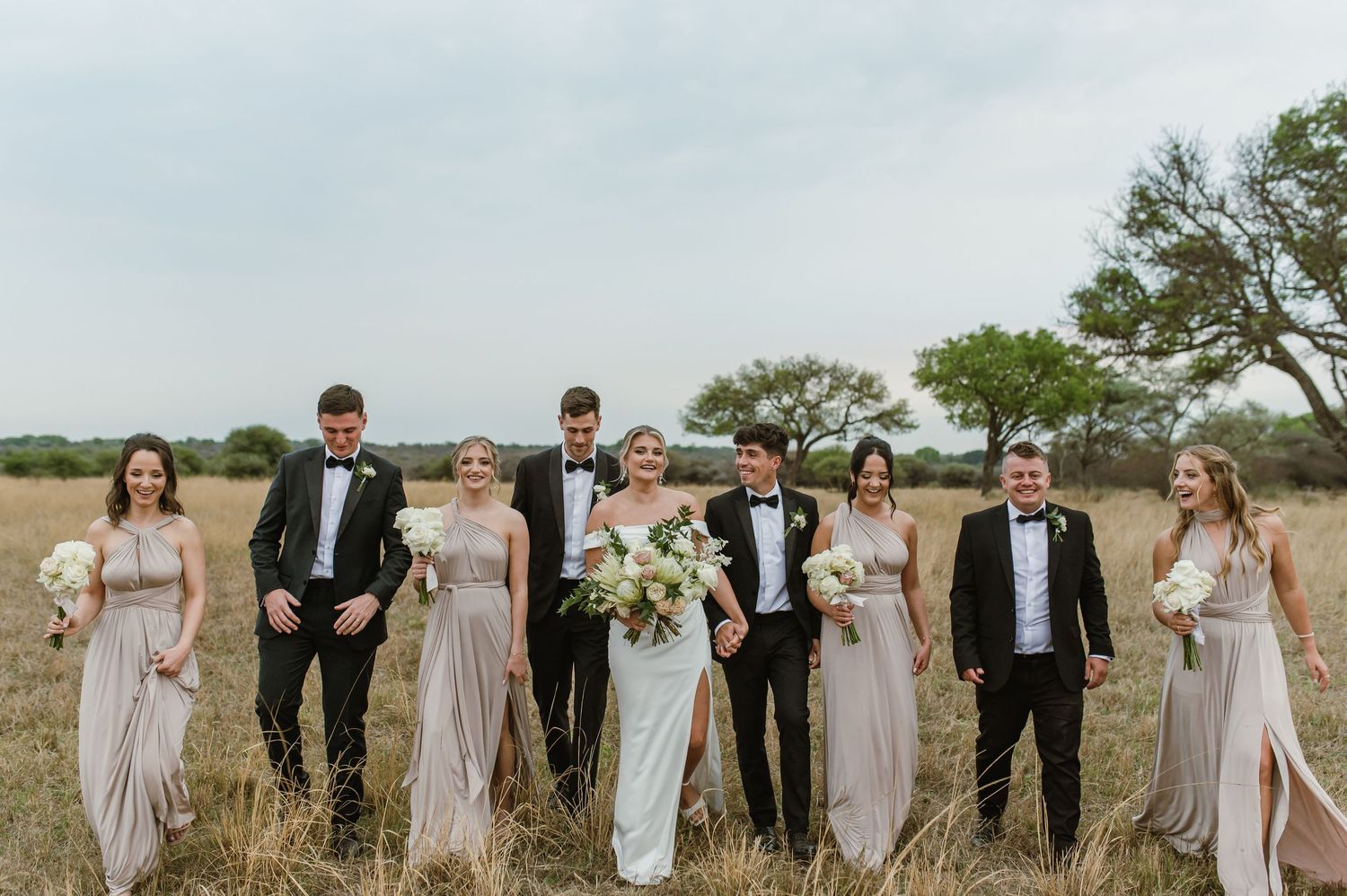 Wedding party members arranged in casual poses across a golden field.