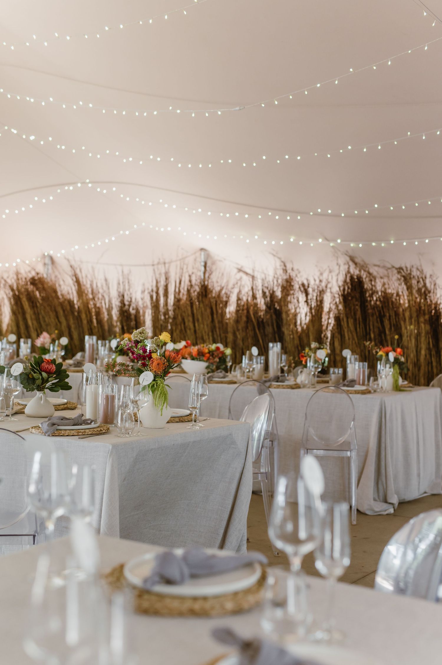 Wedding reception tables with string lights overhead and dried grass wall decorations.