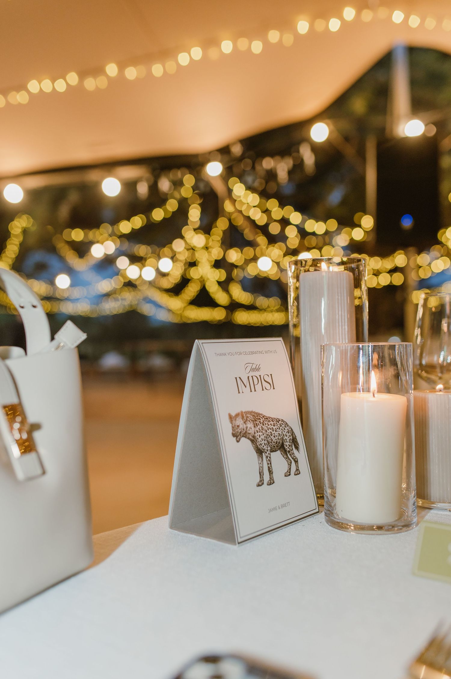 Elegant table settings with candles and animal-themed place cards under string lights.