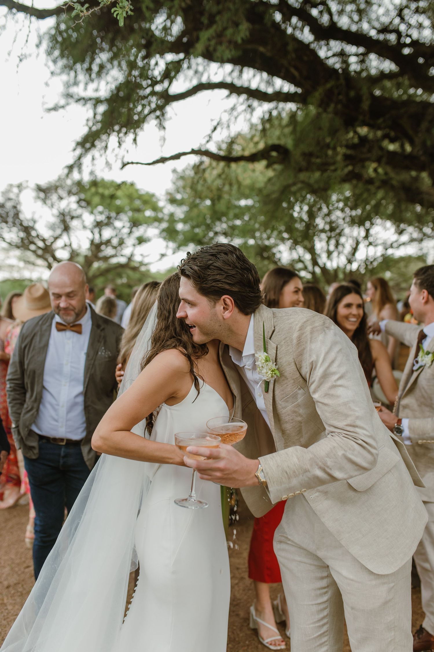 Wedding celebration candid moments with guests toasting under tree branches.