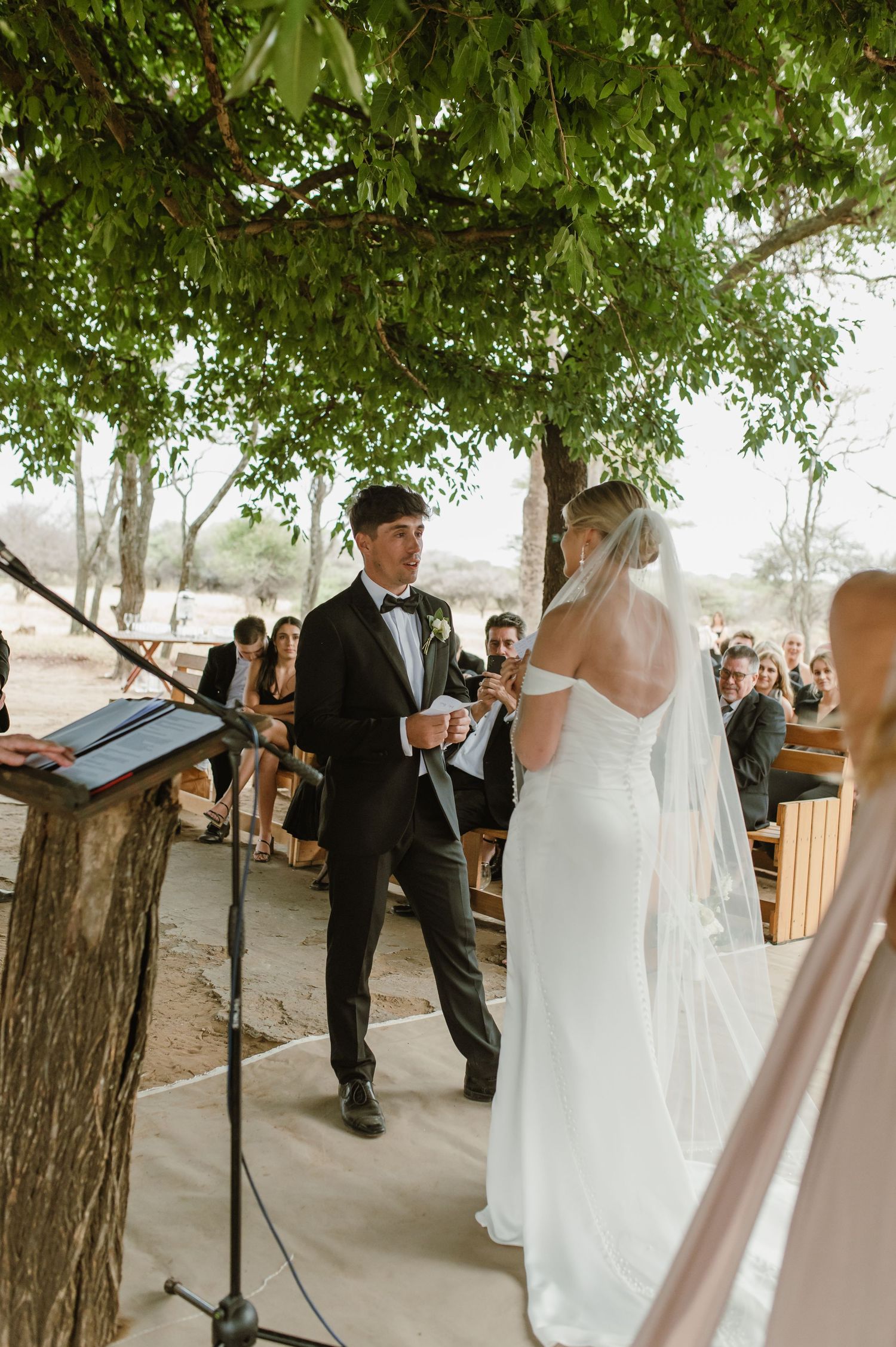 Wedding ceremony takes place in a rustic outdoor setting with wooden benches and overhanging trees.