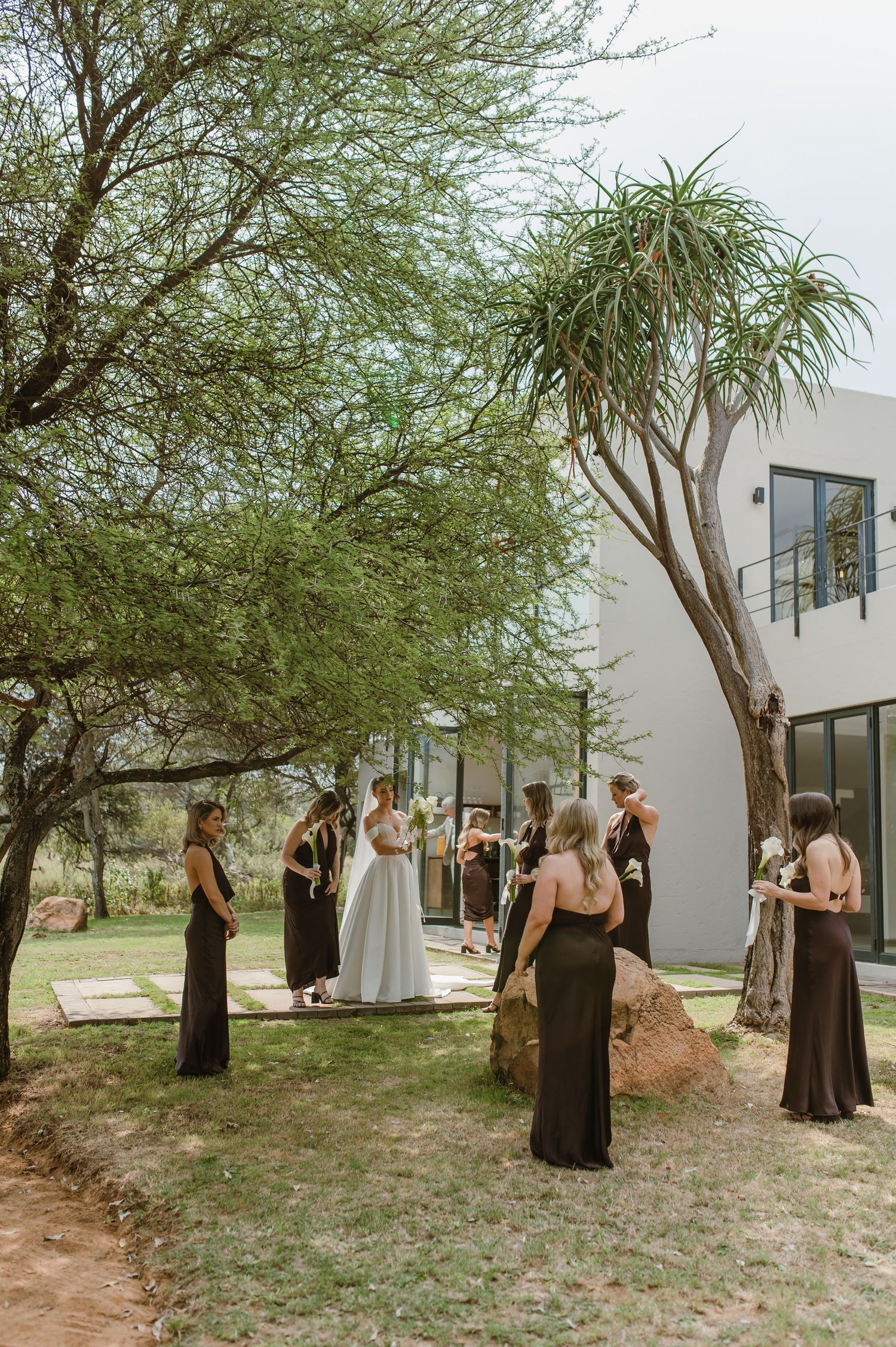 Wedding celebration scene under desert trees with guests in dark attire near a modern white building.