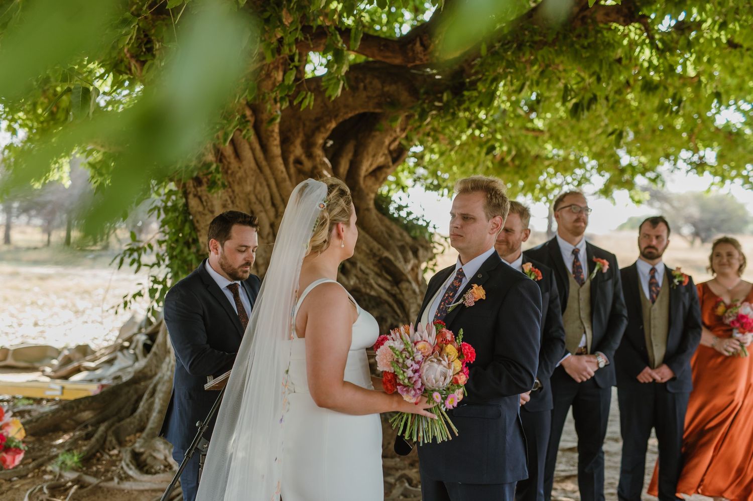 Wedding ceremony guests gather under green trees on a sunny afternoon.