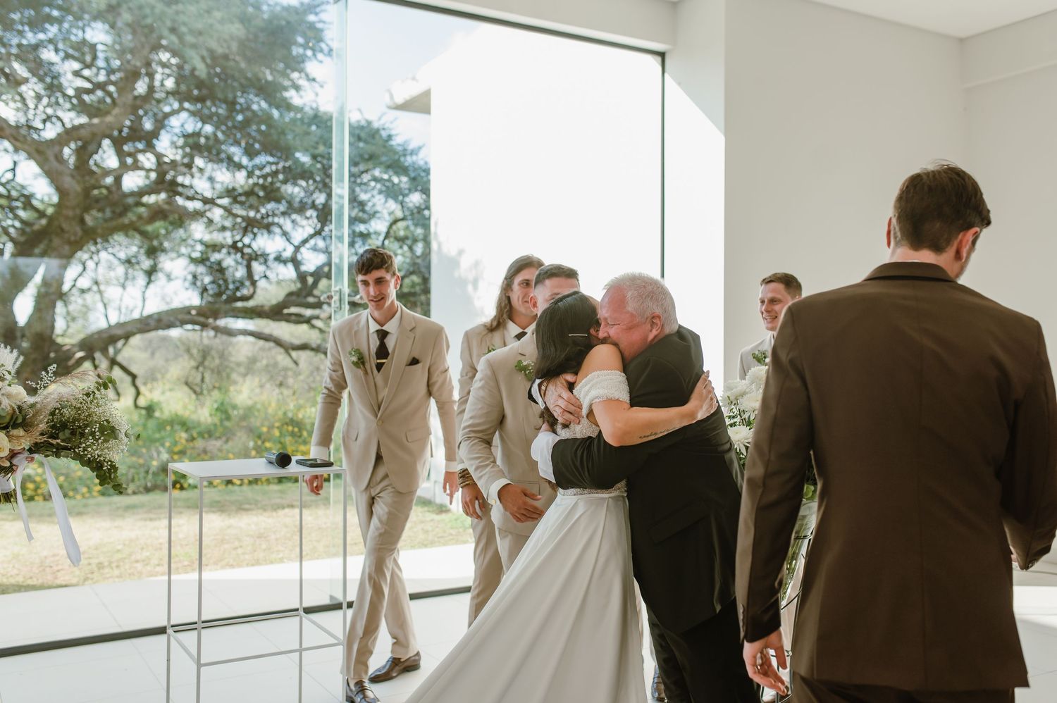 A series of candid wedding moments captured outdoors with natural lighting and greenery in the background.