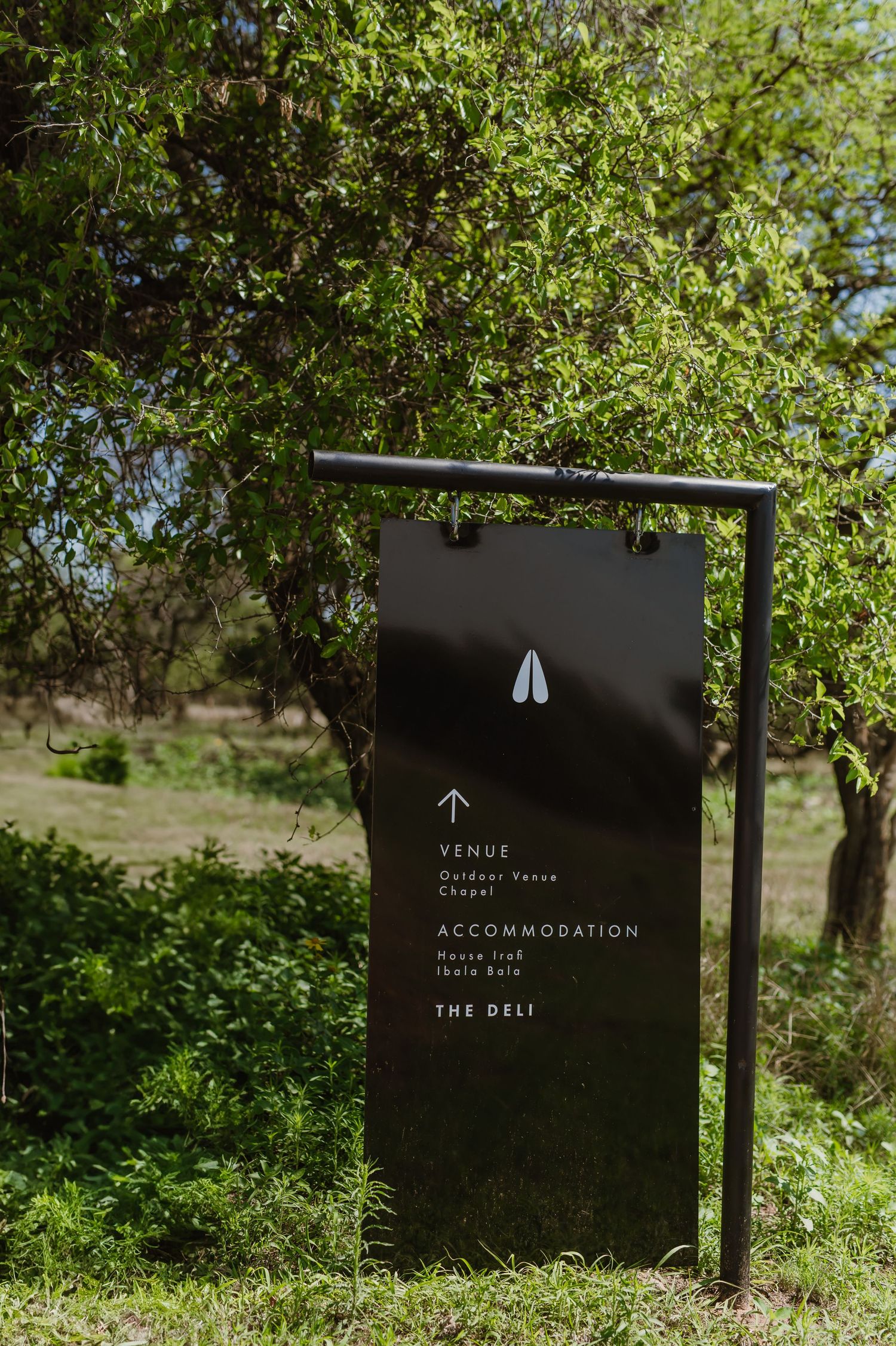 Black directional signs for venue and accommodation mounted on posts among green foliage.