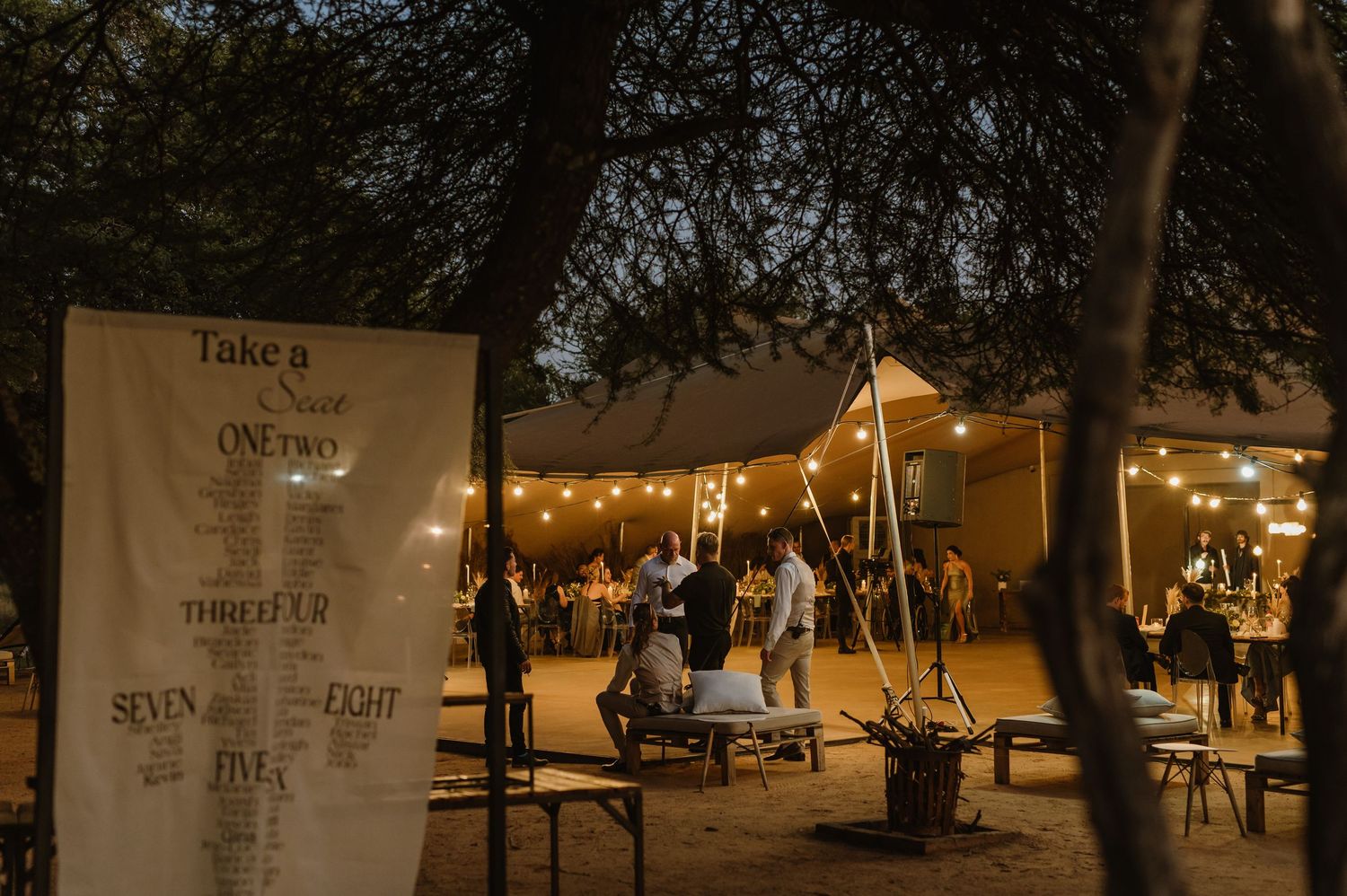 Decorative banners hanging between trees at nighttime outdoor venue.