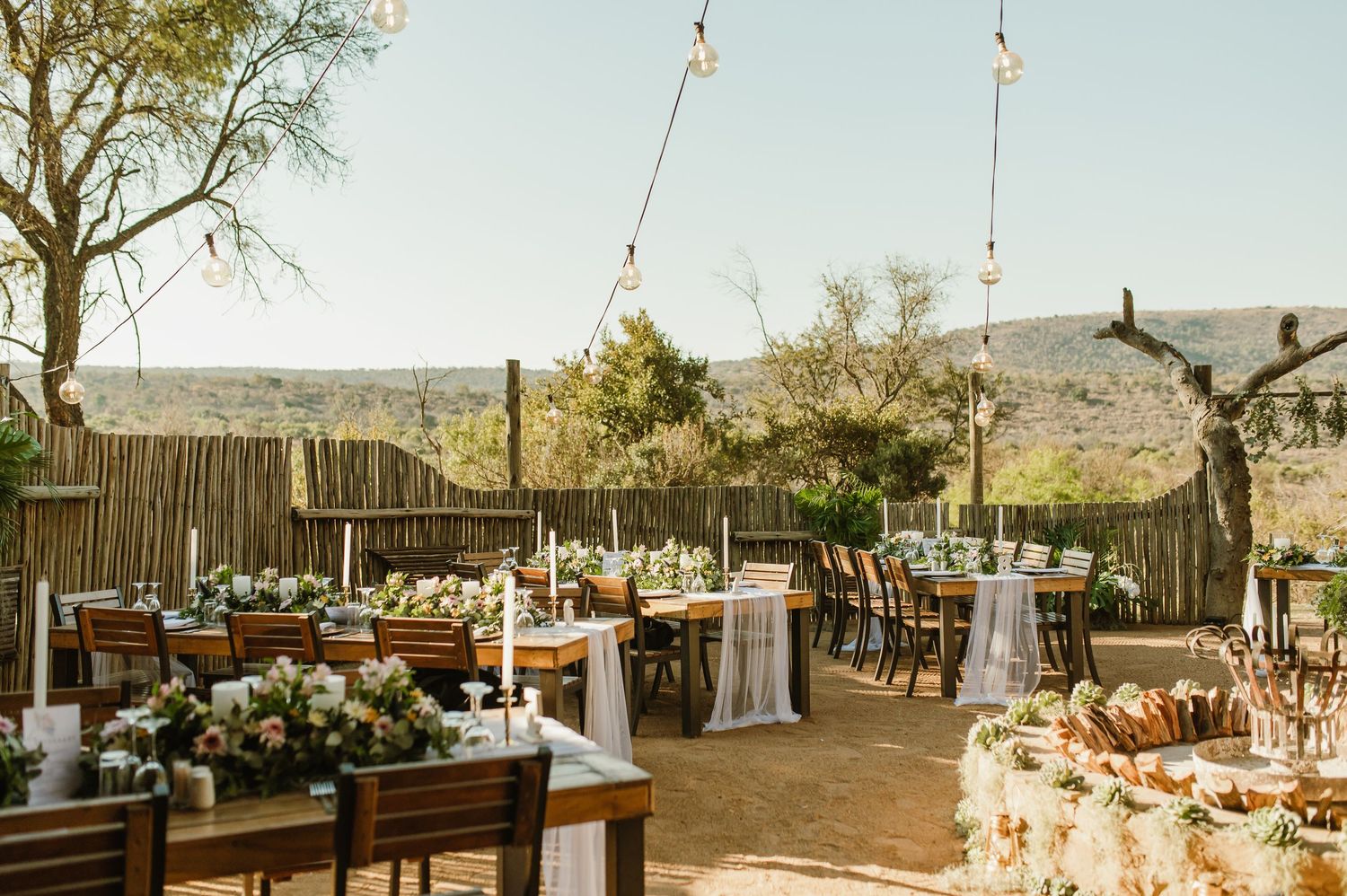 Elegant outdoor wedding reception setup with wooden tables, string lights and desert backdrop.