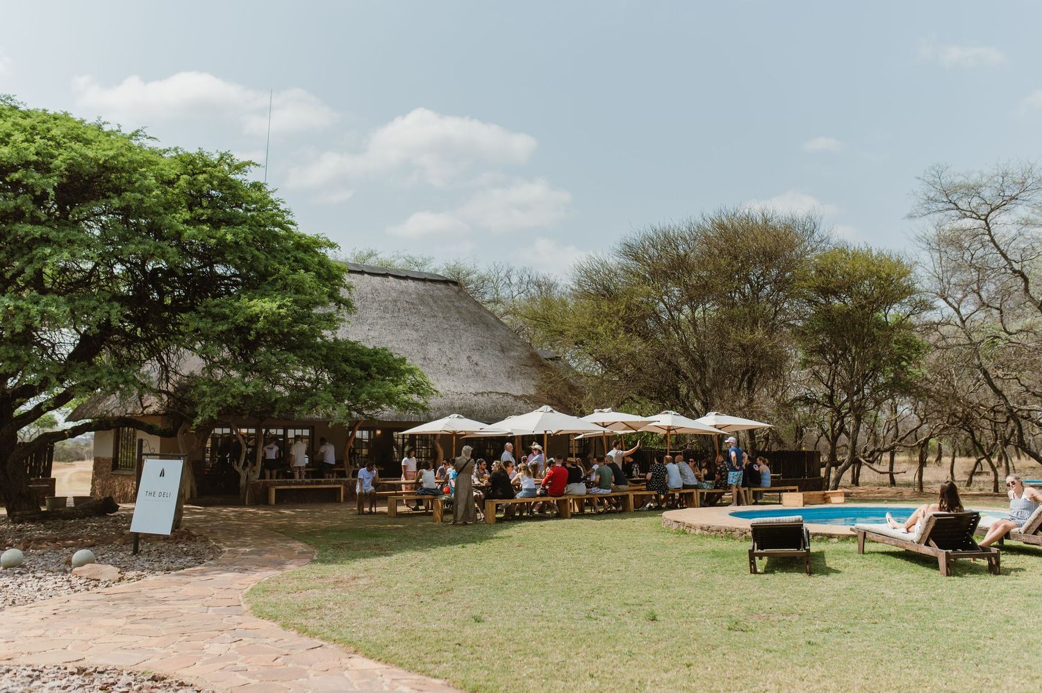 Long wooden tables with umbrellas set up for outdoor dining in natural surroundings.