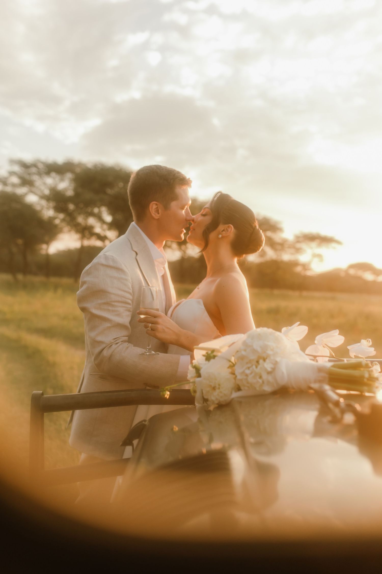 A romantic sunset portrait session with soft lighting and natural scenery.