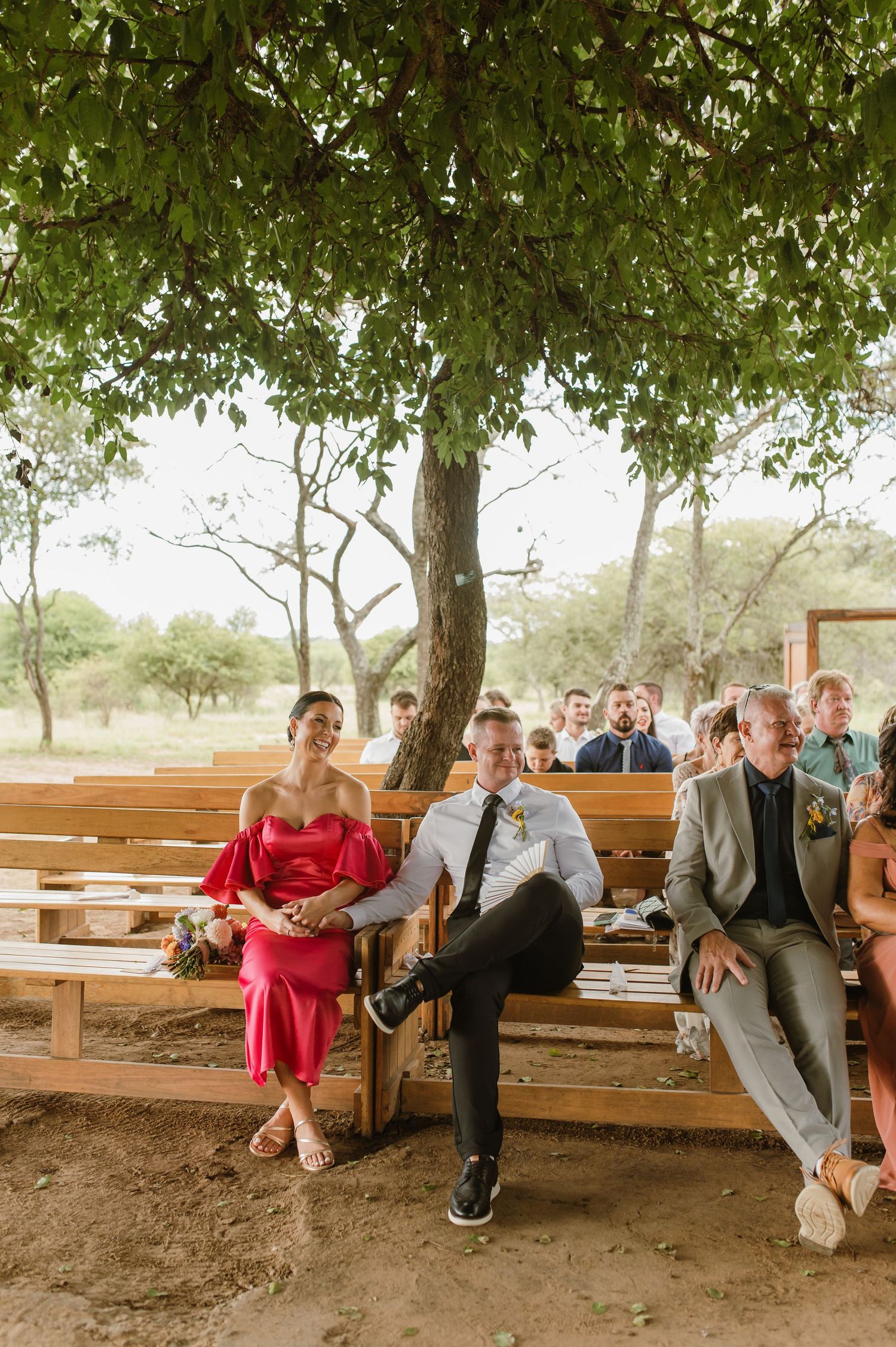Wedding guests seated on wooden pews under a large tree at an outdoor ceremony.