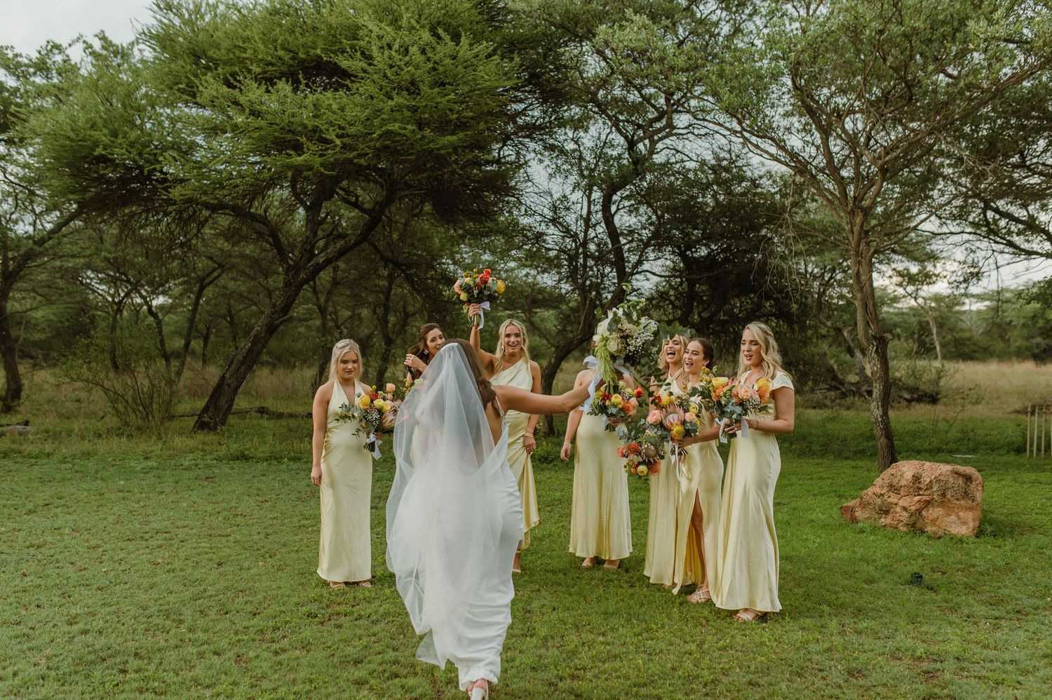 Bridal party in yellow dresses arranged for photos on grassy outdoor setting.