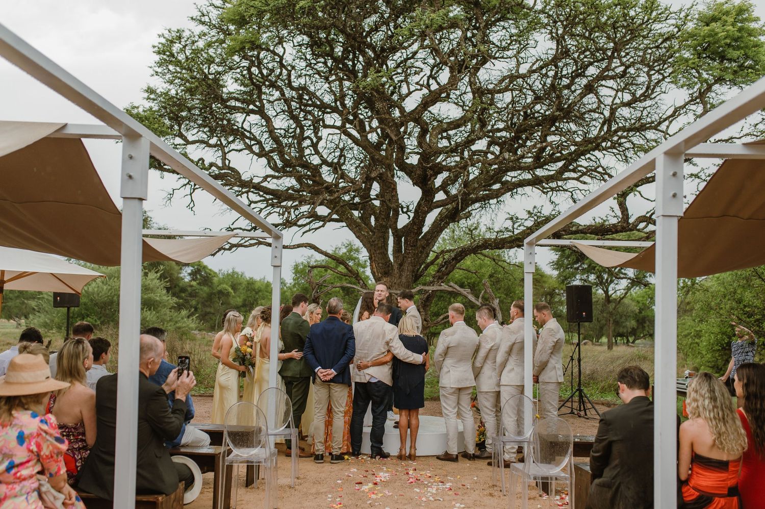Wedding guests observe the ceremony from white chairs arranged under a rustic outdoor pergola.