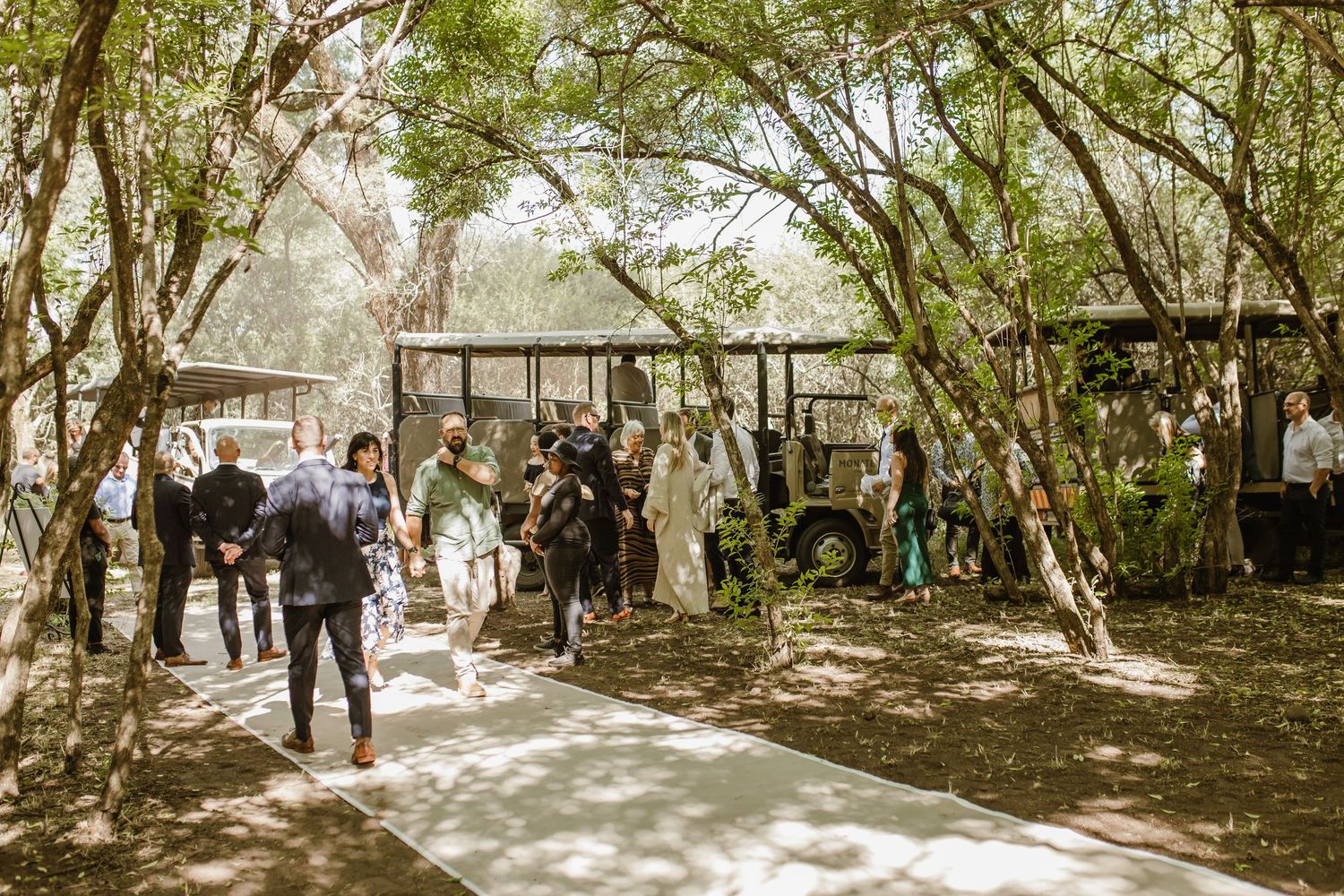 Guests gather under a canopy of trees at an outdoor wedding ceremony.