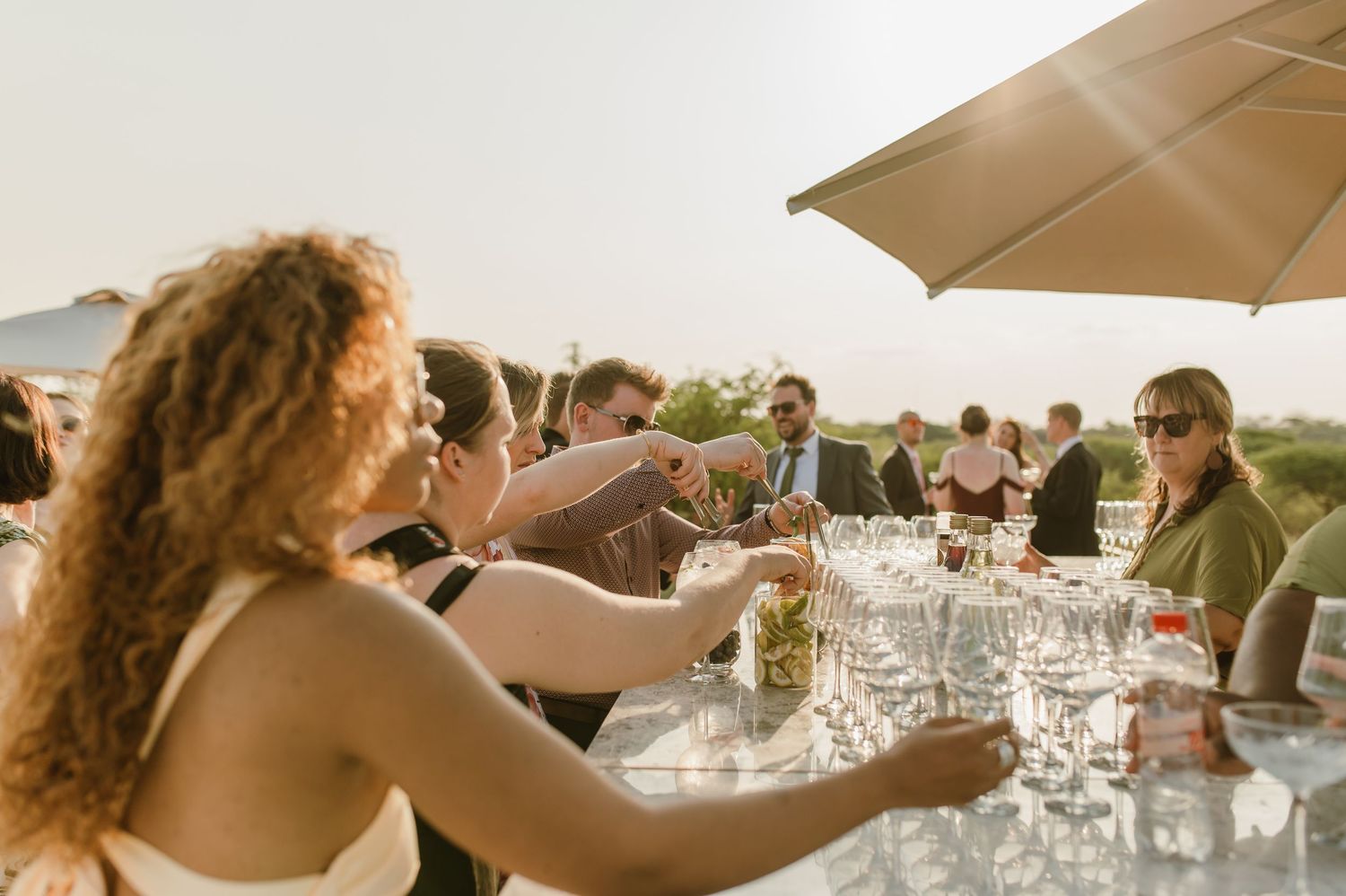 Wedding guests toasting with champagne glasses at an outdoor reception.