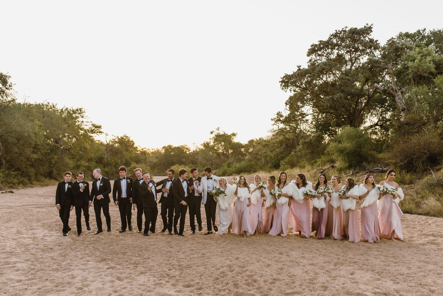 Wedding party lined up on beach with bridesmaids in pink dresses and groomsmen in dark suits.
