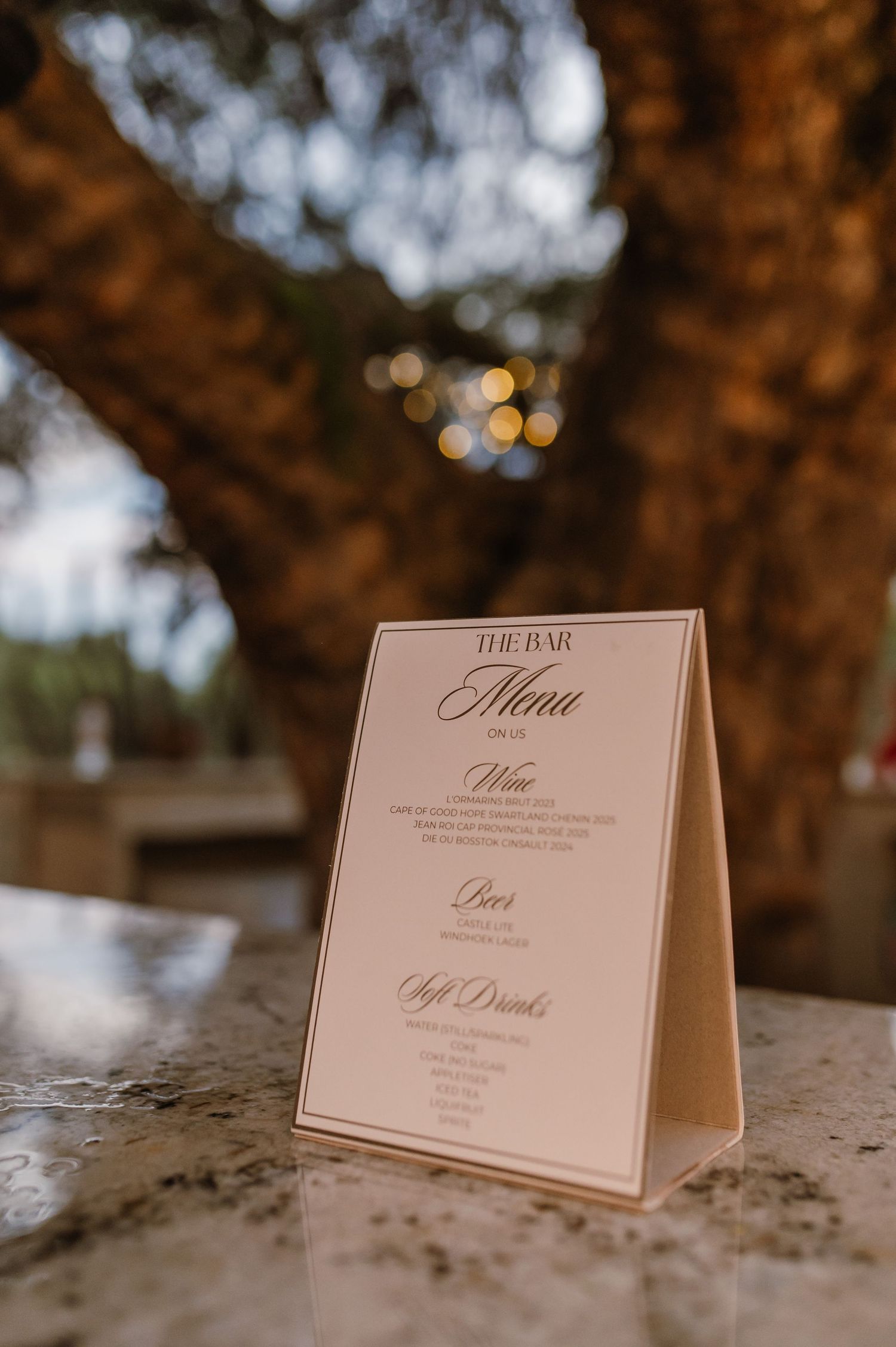 Elegant wedding place cards and menu displayed on textured stone surface with soft bokeh background.