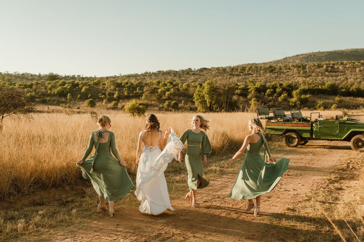 Wedding party strolls through a rustic field during sunset with mountains in background.