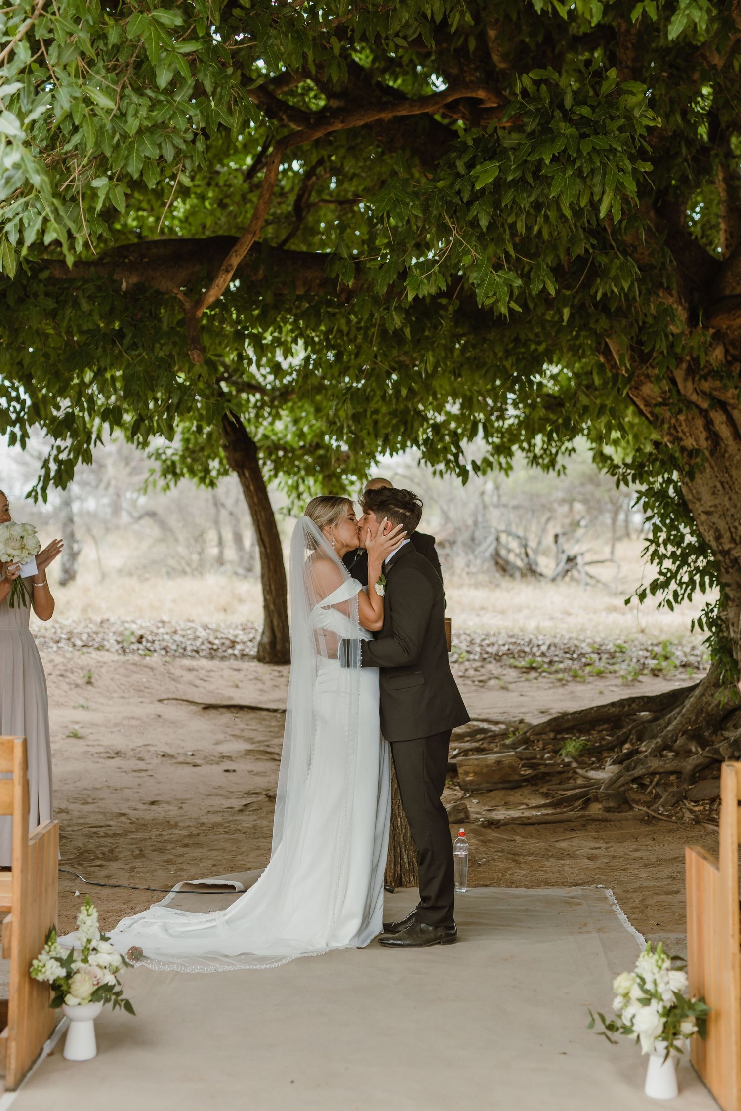 Outdoor wedding ceremony setup with wooden pews beneath a canopy of green leaves.