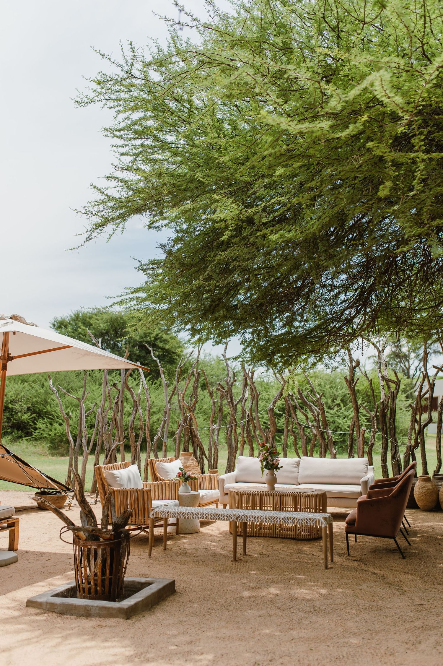 Modern outdoor lounge area with wooden furniture and umbrella shade under desert trees.