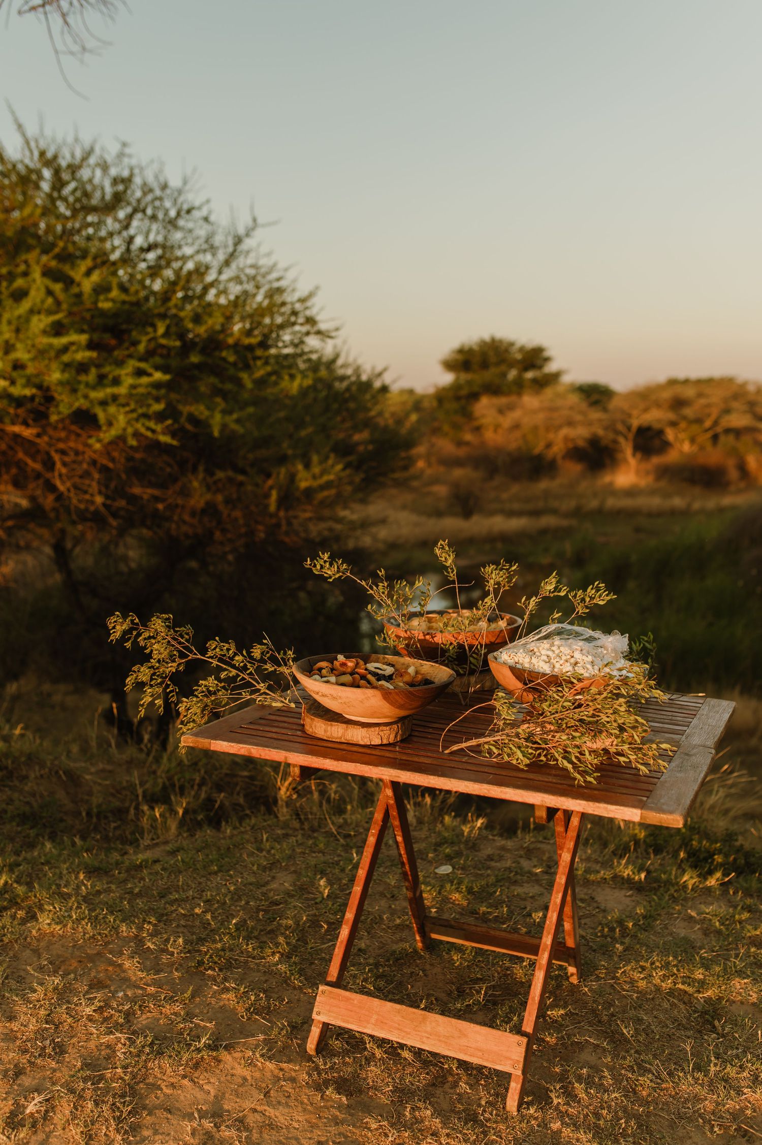 Wooden picnic table set up outdoors with decorative items during golden hour.