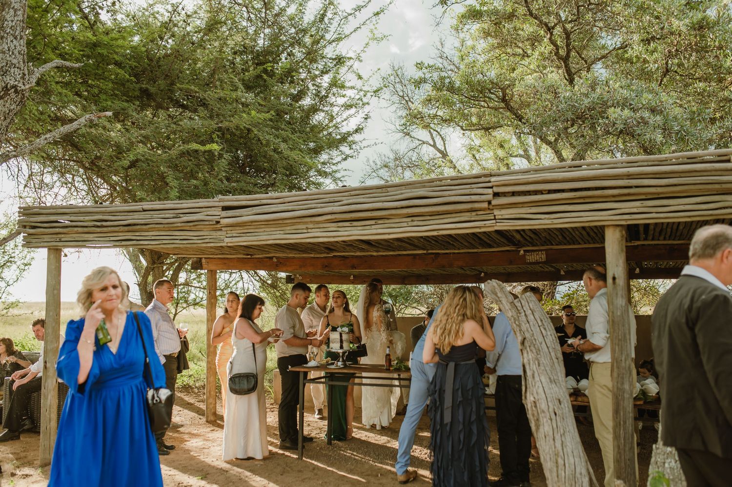 Outdoor wedding venue setup with wooden structures and natural decor.