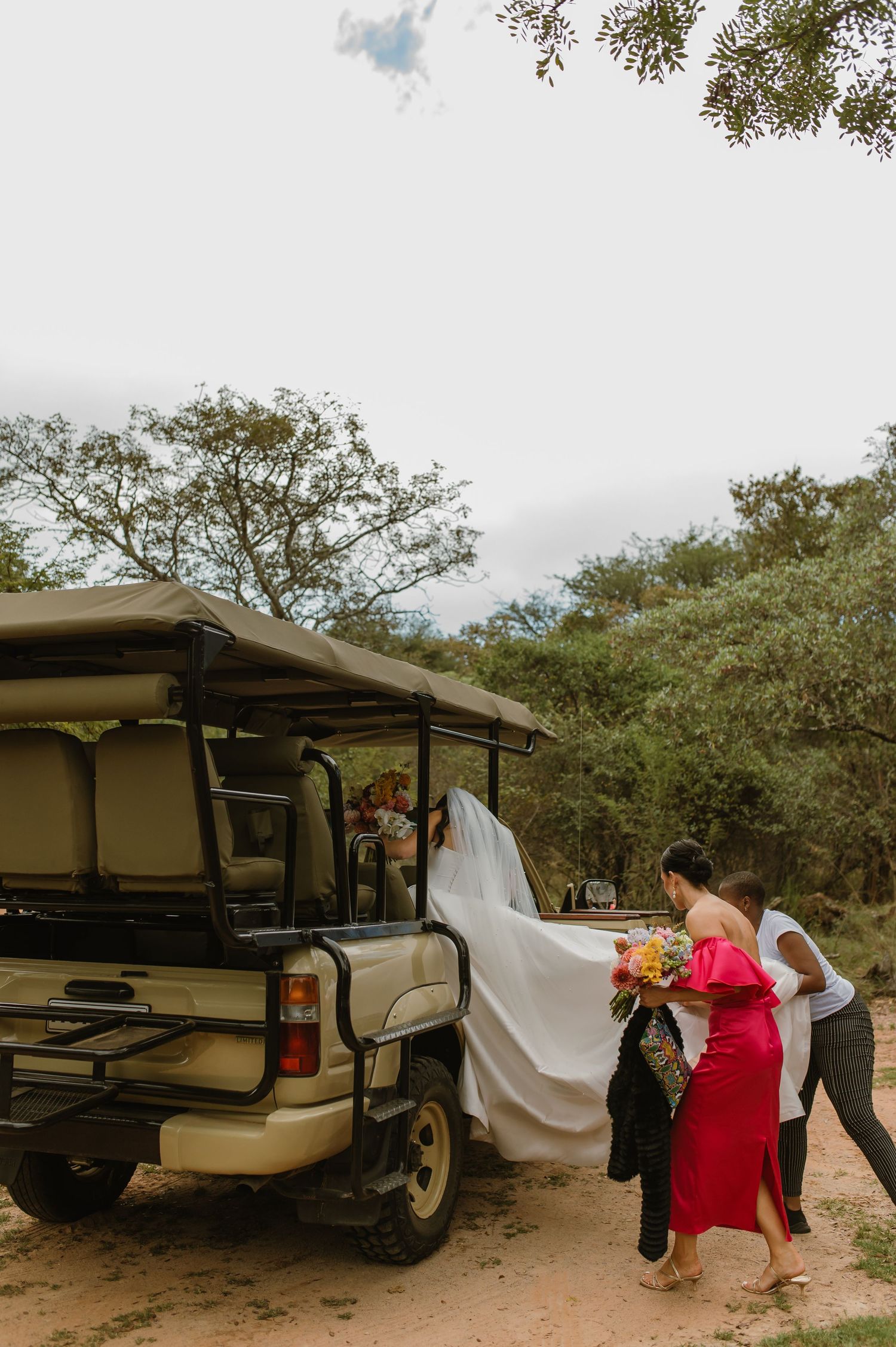 Bride in white gown boarding a safari game drive vehicle assisted by bridesmaids in red dress outdoors.