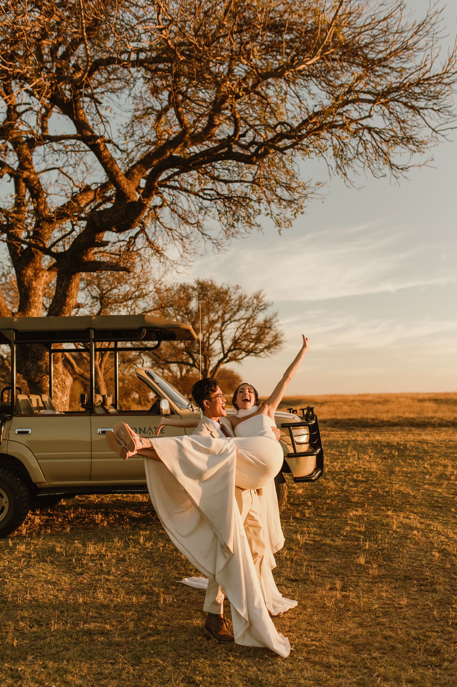 Groom carries bride in wedding attire at golden sunset near safari jeep and bare tree in African savanna.