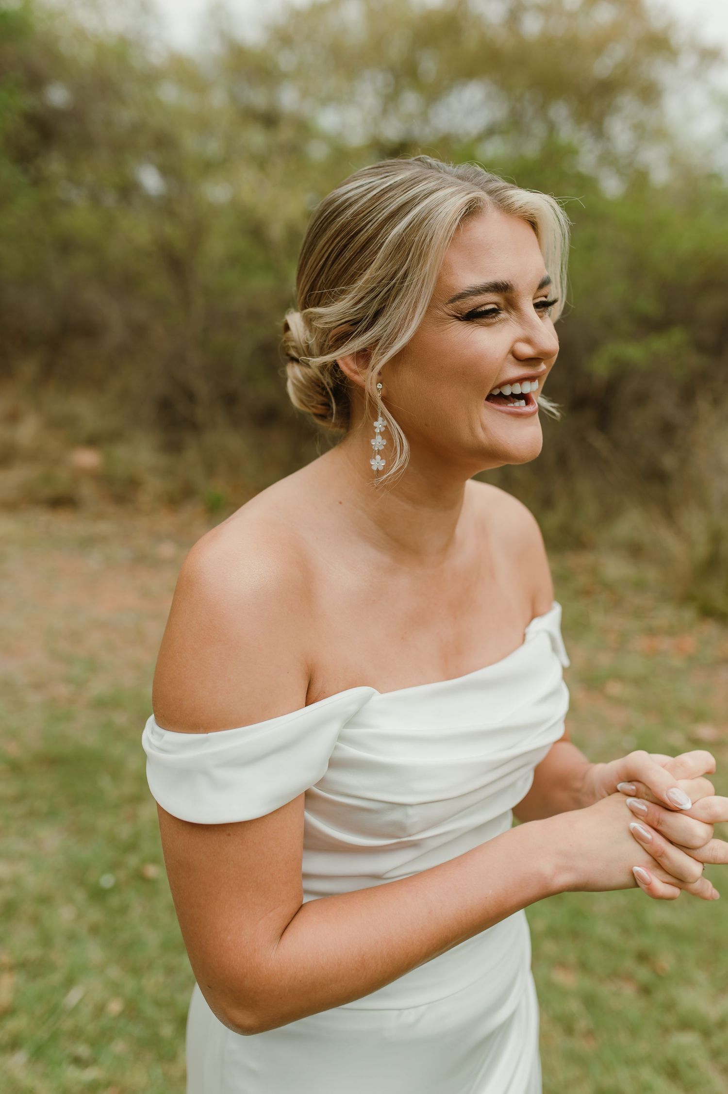 Expressive bridal portrait sequence showing joyful reactions in off-shoulder white dress.
