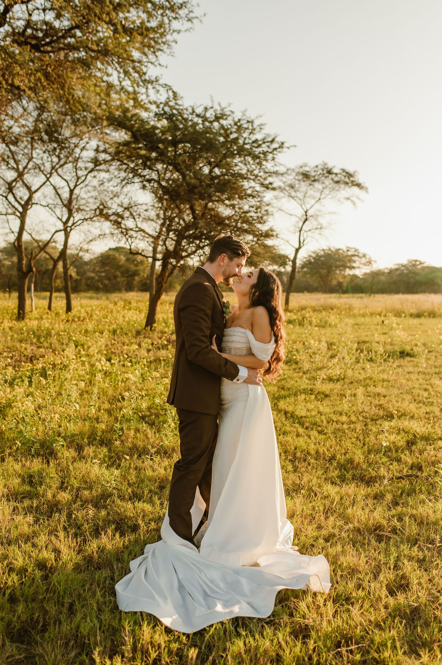 A wedding couple embraces in a golden field with dramatic lighting and flowing white dress.