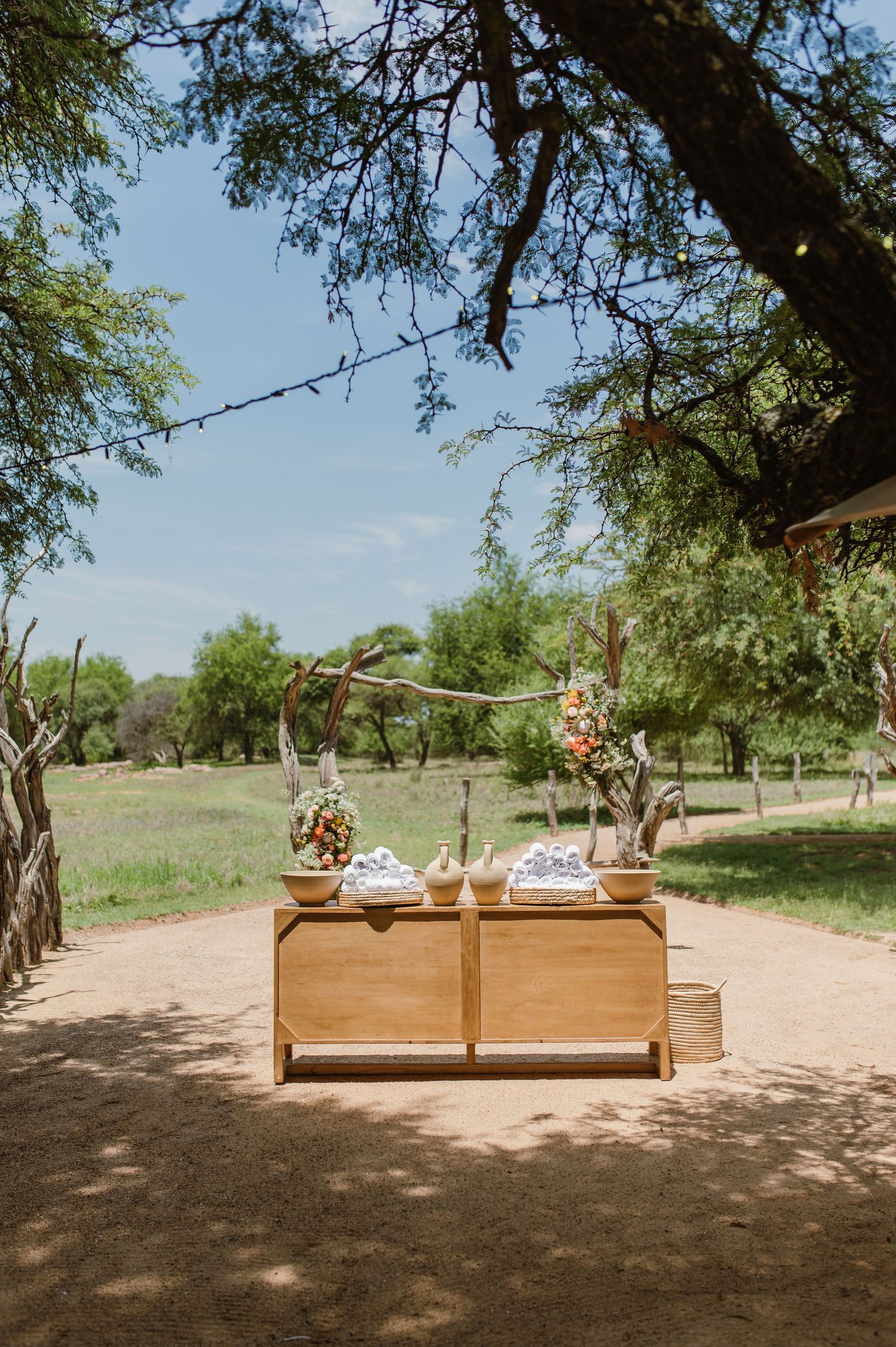 Wooden storage chest decorated with flowers under a tree canopy in an outdoor setting.