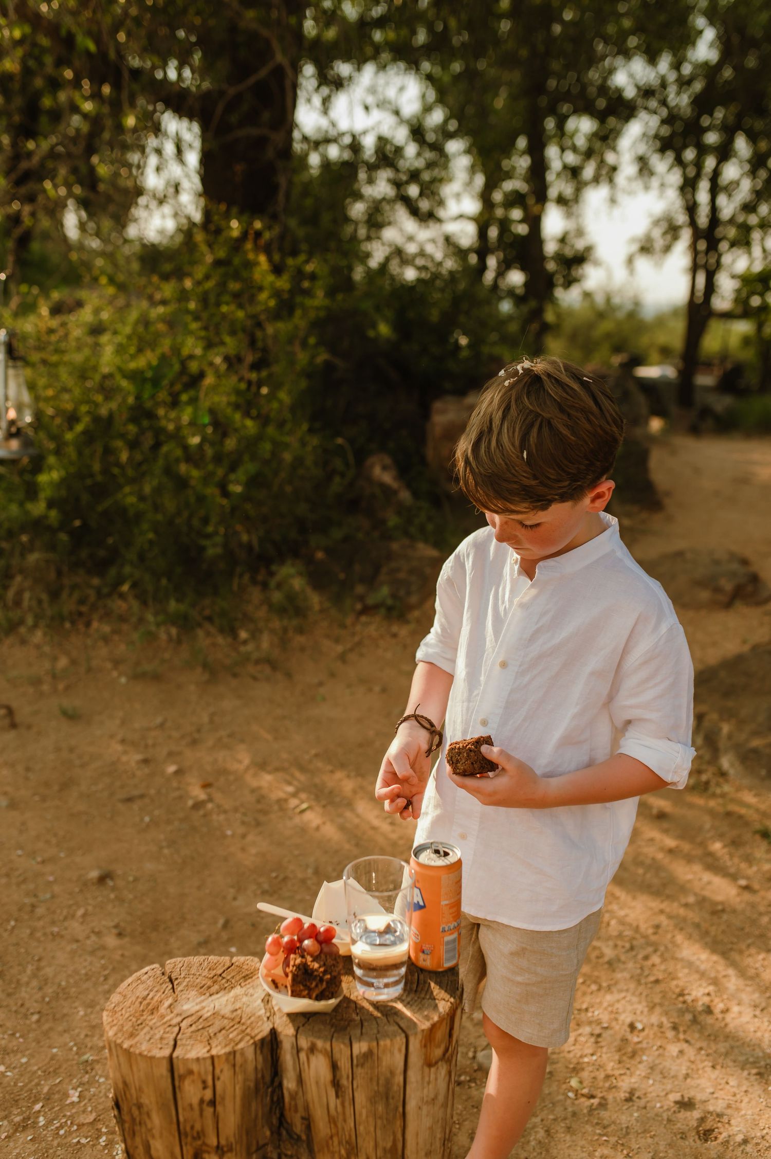 Boy in white shirt stands at tree stump table with snacks and drinks outdoors in golden sunlight.