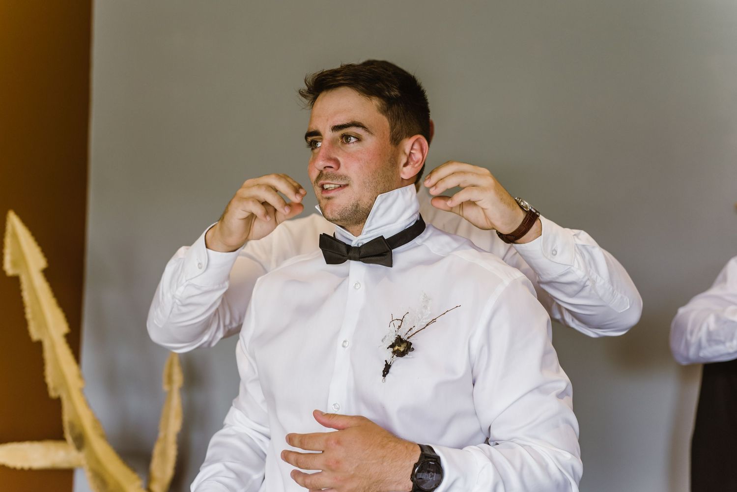 Groomsmen adjusting formal attire and bow ties before wedding ceremony.