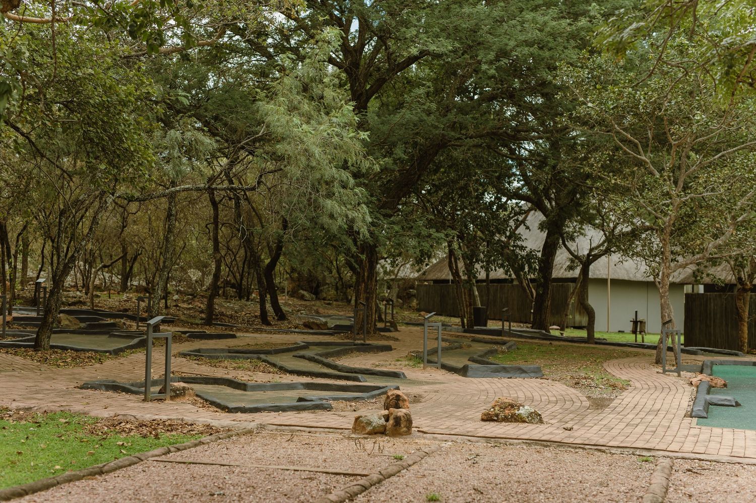 Shaded outdoor park area with sandy paths, scattered rocks, and lush green trees in a natural setting.