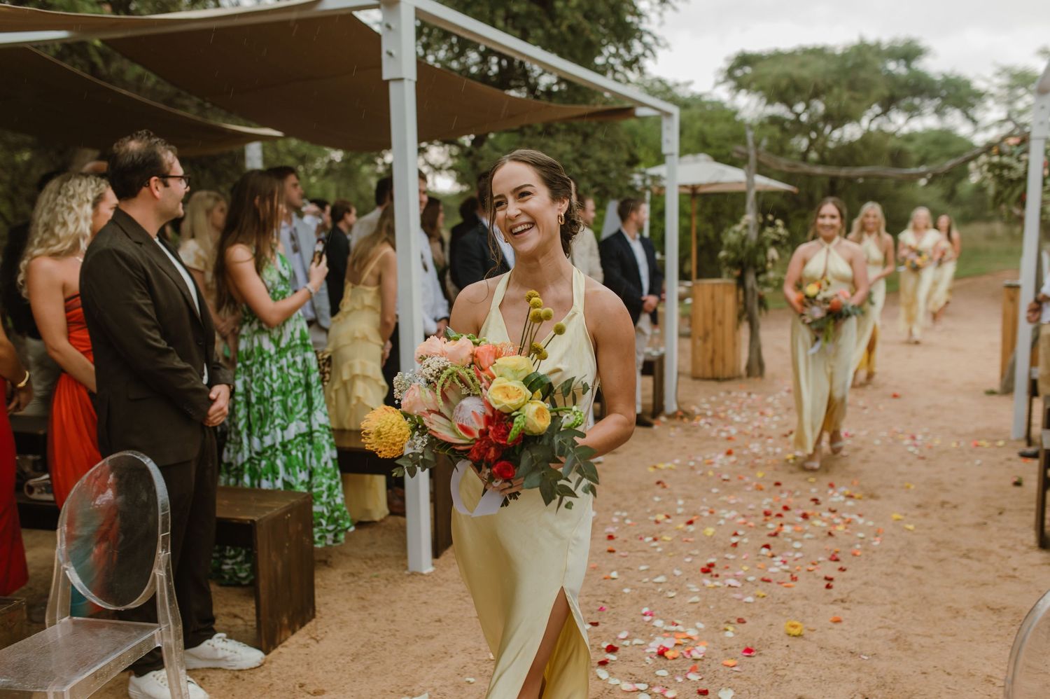 Wedding guests line both sides of an outdoor aisle decorated with scattered rose petals.