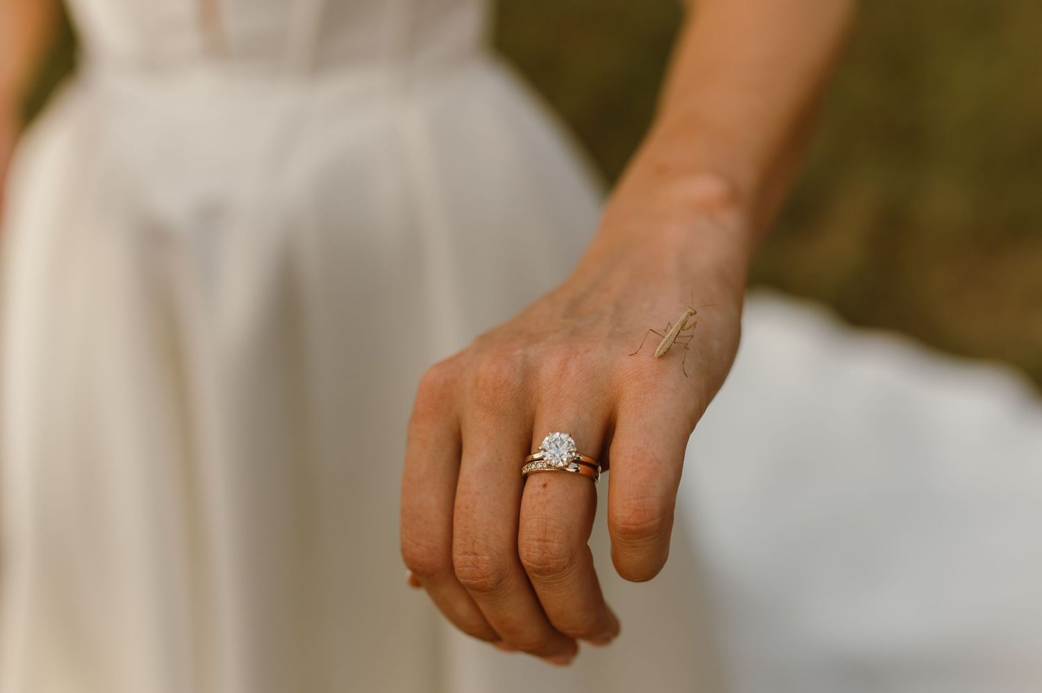 Close-up view of hands exchanging wedding rings during an outdoor ceremony.