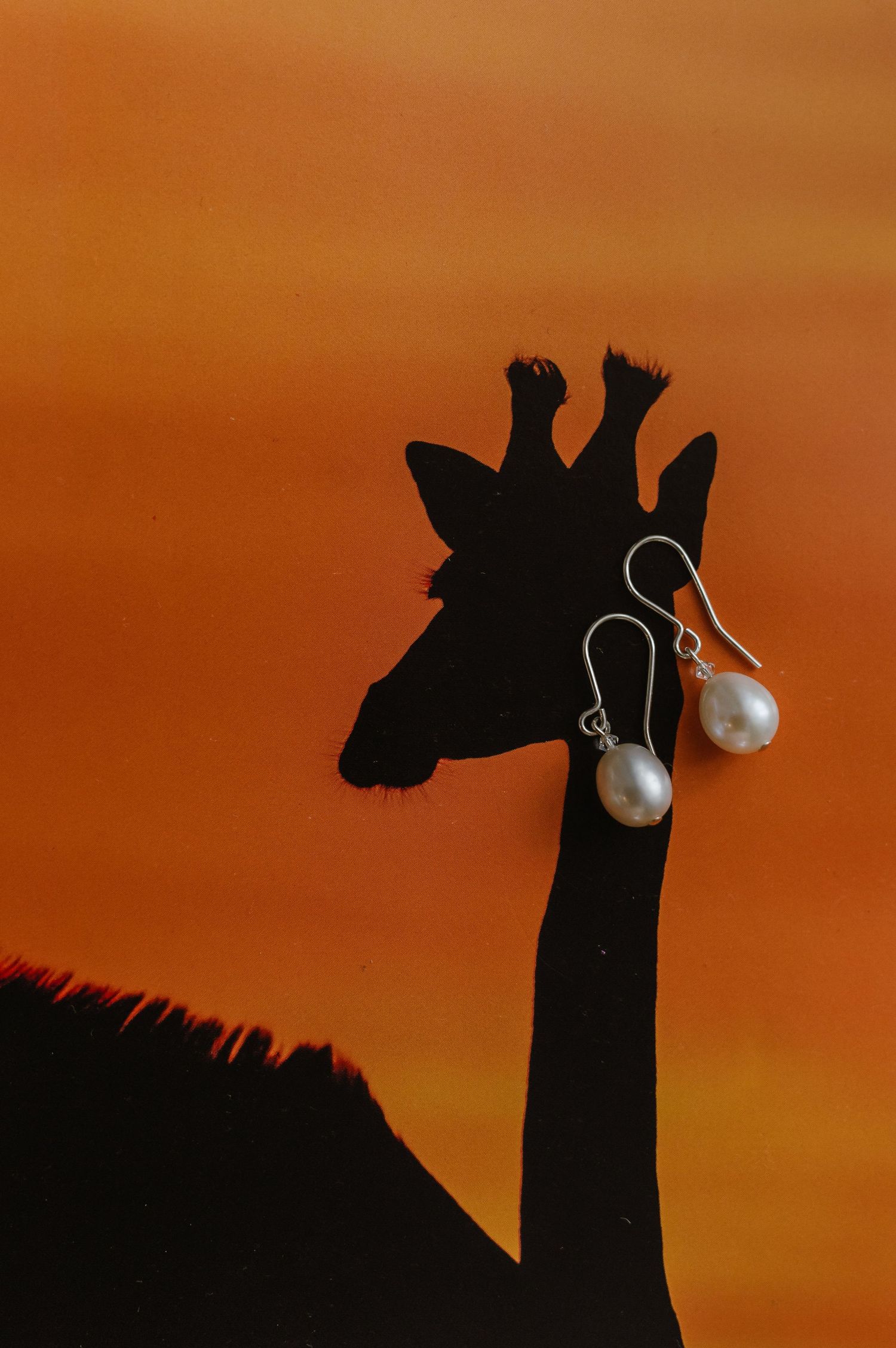 Silhouettes of giraffes against an orange sunset sky with pearl earrings visible in the frame.