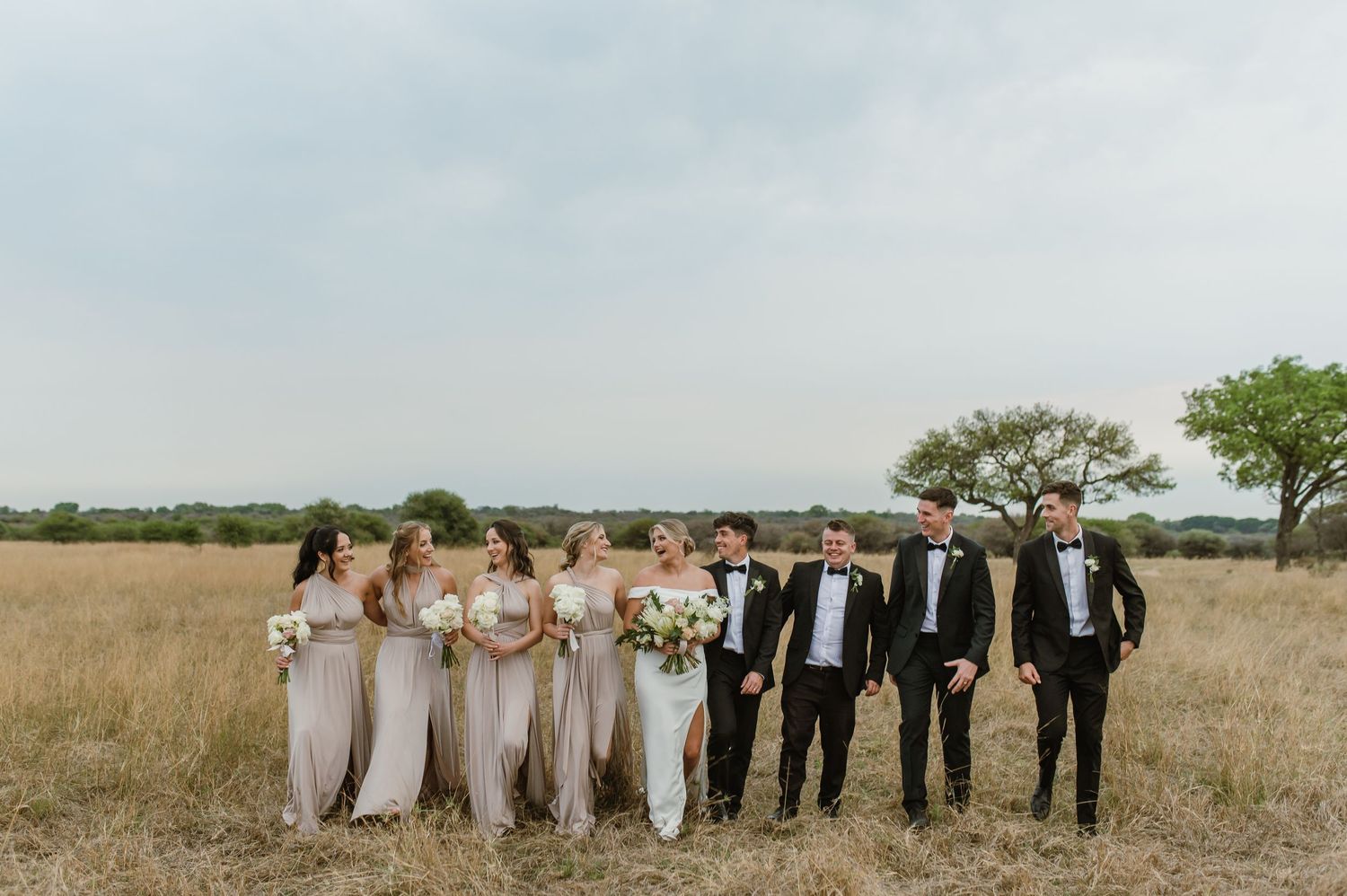 Bridal party stands in line formation across a scenic prairie landscape.