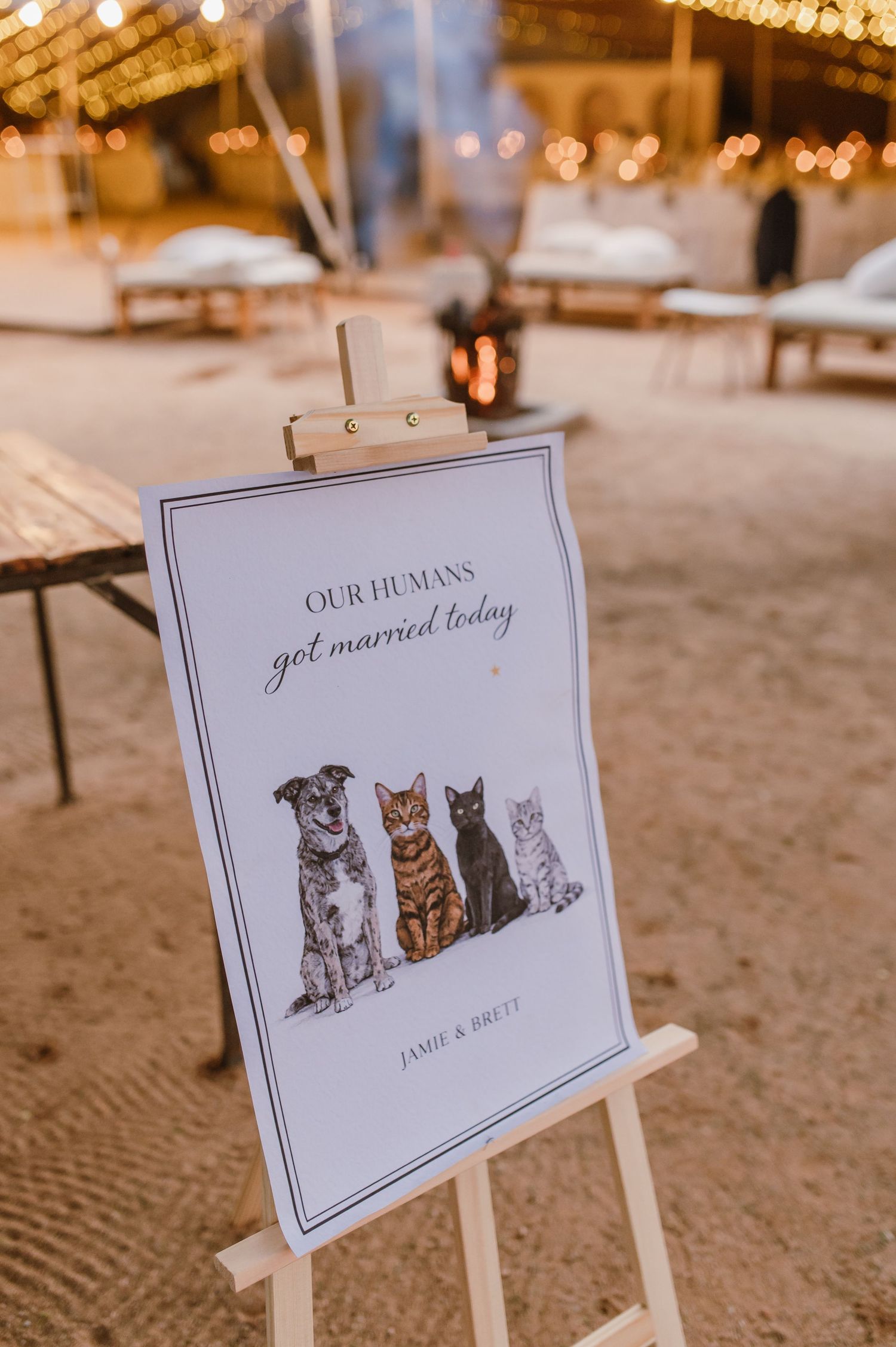 Cute wedding sign featuring illustrated pets including a dog, cat and kitten displayed on a small easel.