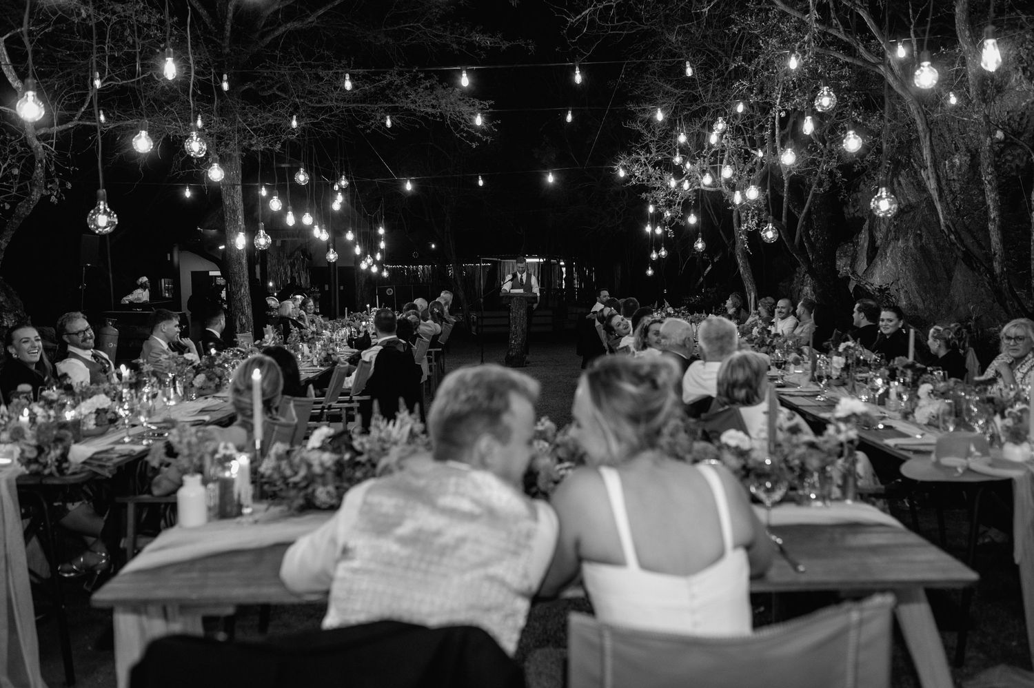 String lights create a magical canopy over an outdoor evening celebration.