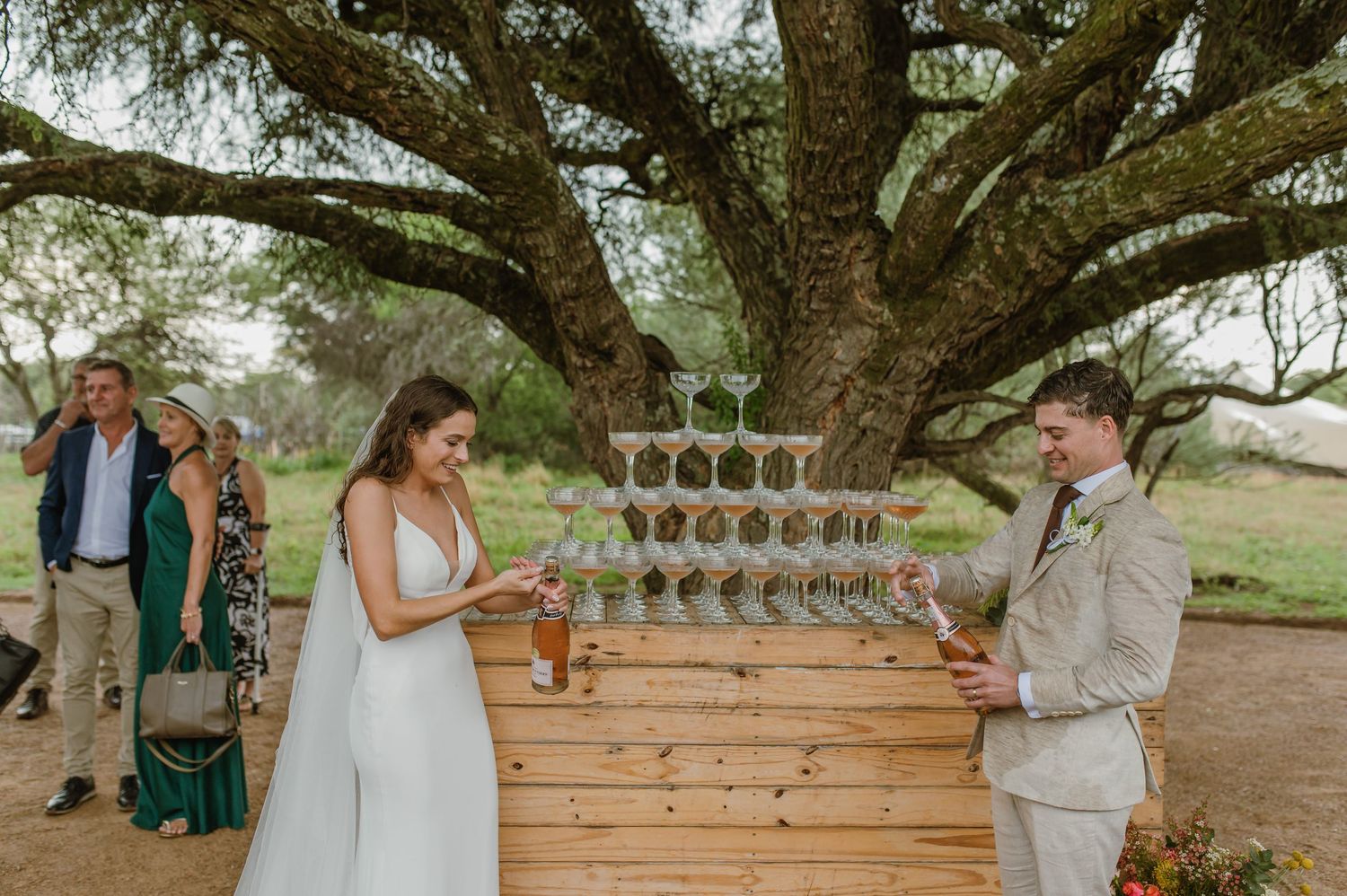Outdoor wedding reception setup with wooden benches and natural decor under a large tree.