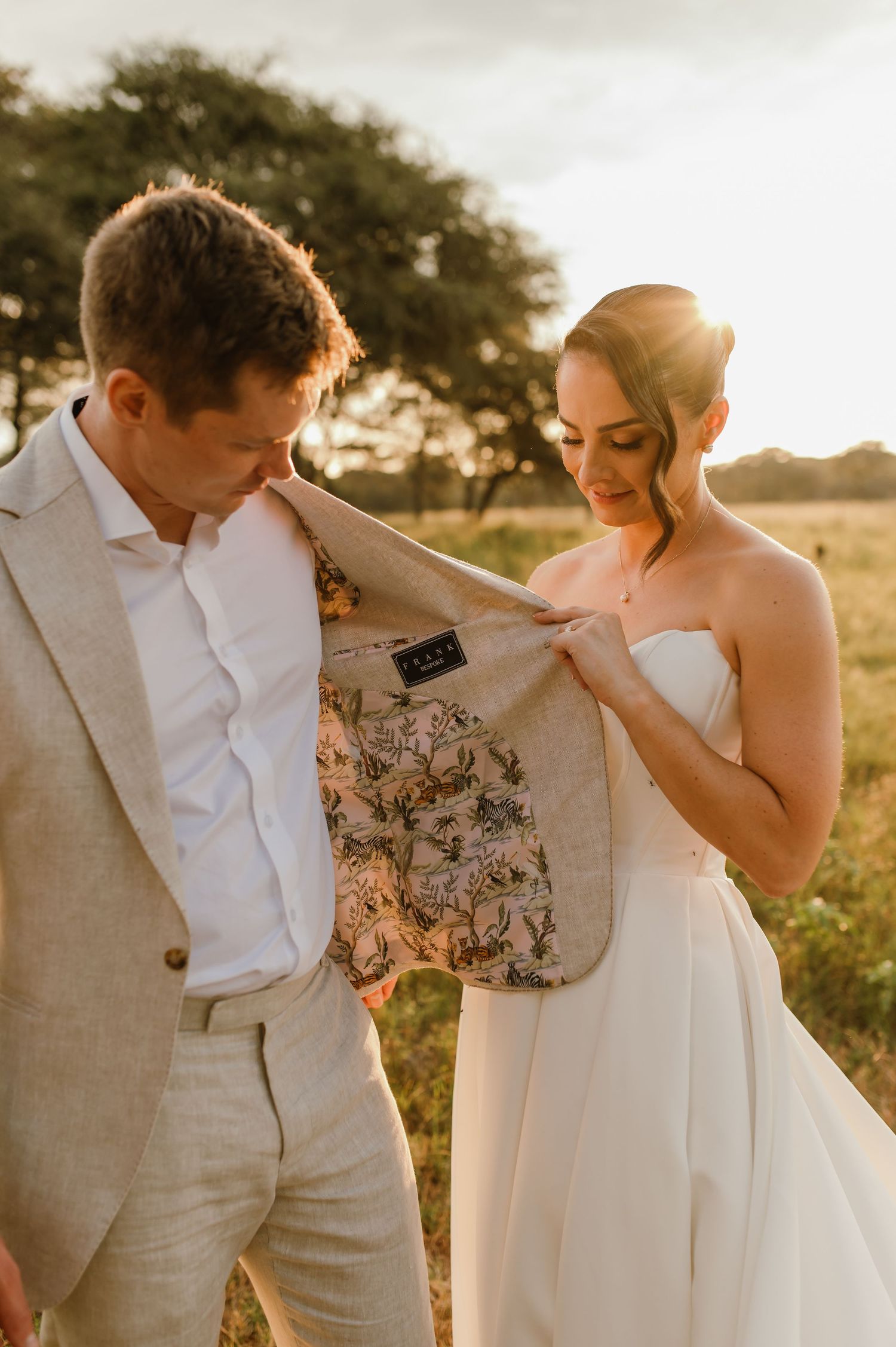 Newlyweds share romantic moments in a series of sunset photos wearing light-colored wedding attire.