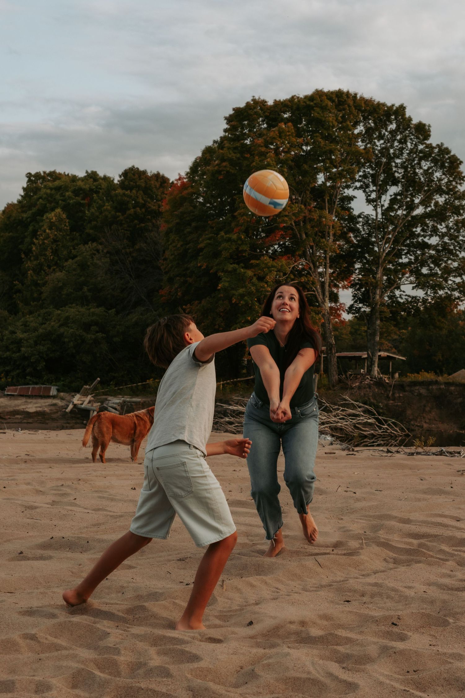 Action shots of people playing volleyball on a sandy beach with trees in the background.